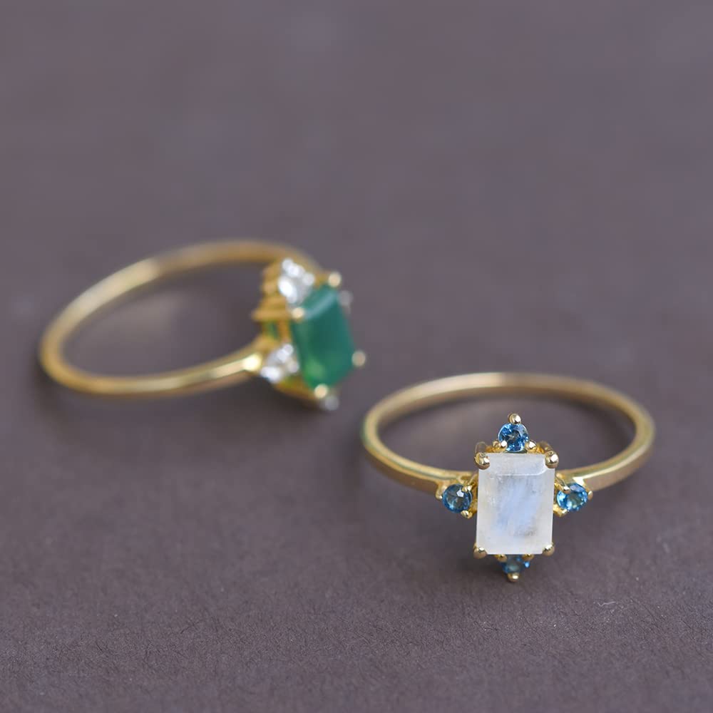 YoTreasure 1.57 Carat Total Weight Moonstone & London Blue Topaz 10K Yellow Gold Ring - Elegant Wedding, Engagement & Anniversary Jewelry Gift