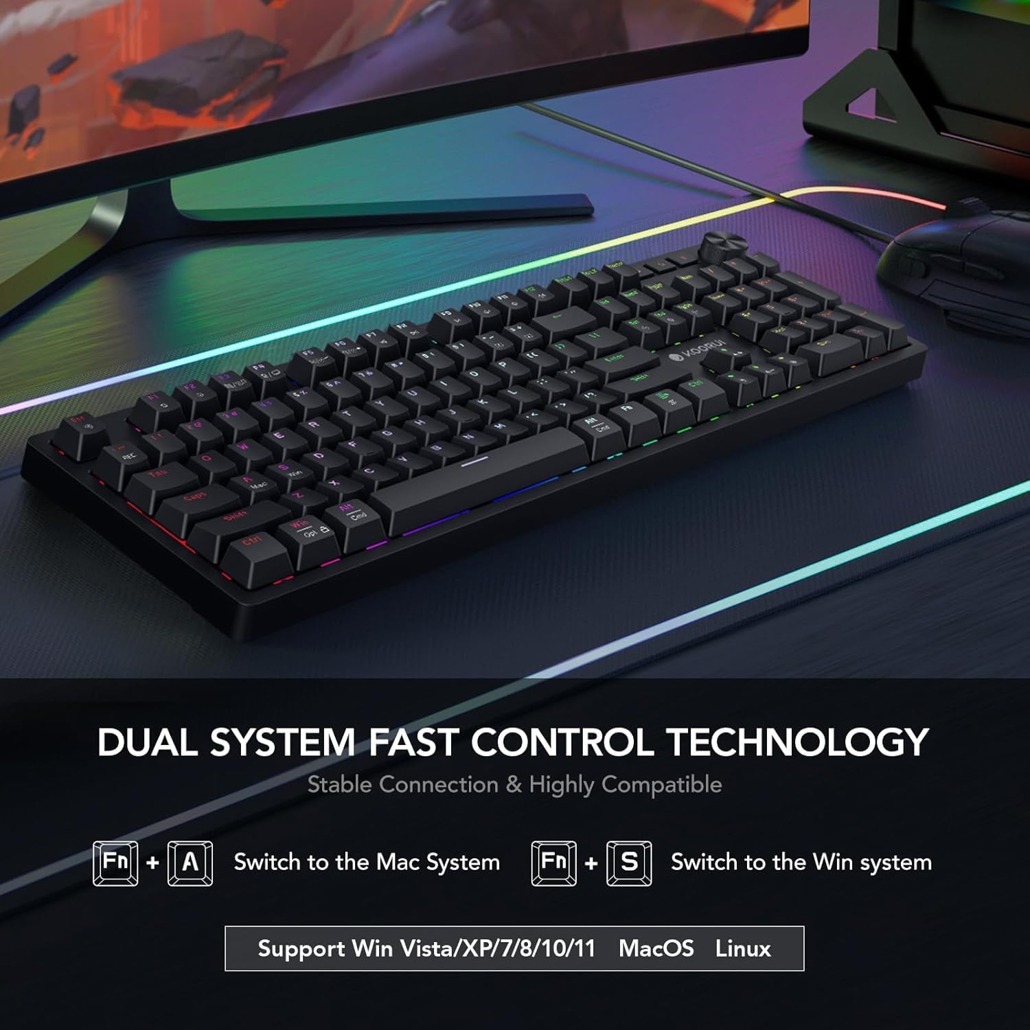 KOORUI Wired Gaming Keyboard - Full Size Ergonomic Mechanical Keyboard with 12 Shortcut Keys & RGB Backlit for PC, Laptop, Windows, Mac (Black) - Perfect for Gaming, Office Work & Typing