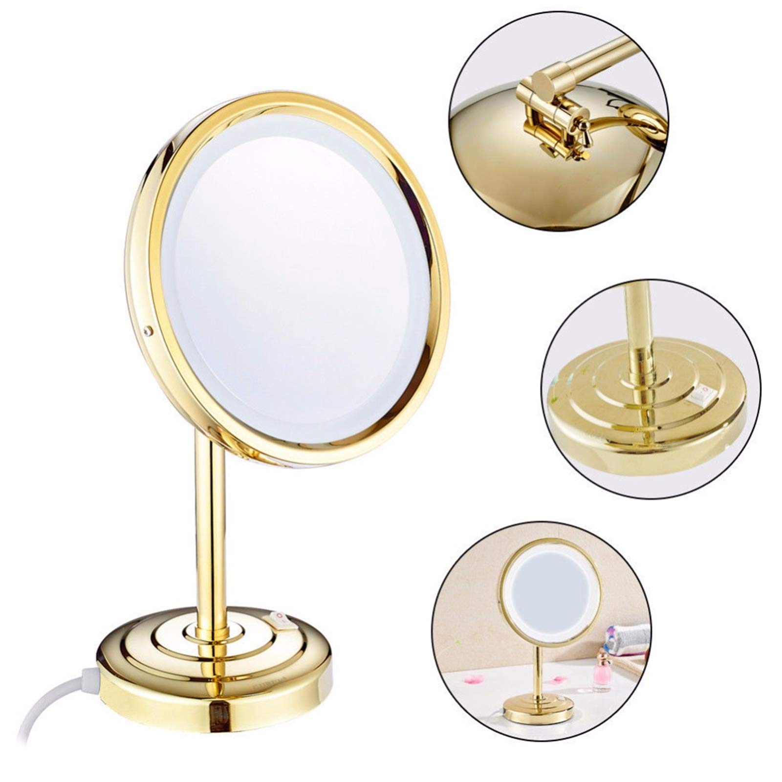 8 Inch Gold Standing LED Makeup Mirror with Light - 3X/5X/7X/10X Magnification, Brass Countertop Vanity Mirror with Touch Switch & Plug - Perfect for Shaving, Cosmetics & Grooming