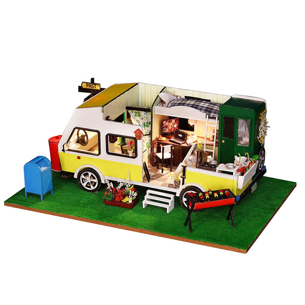 Miniature Wooden Dollhouse RV Puzzle Furniture Kits with LED Lights - DIY Creative Toys for Kids, Birthday Gift & Home Decoration (Perfect for Playtime, Holiday Gifts & Collectors)