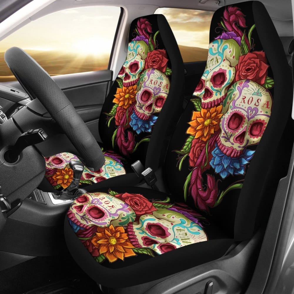 2 Pcs Day of The Dead Sugar Skull Car Seat Covers - Mexican Style Skull Print Universal Fit for Cars, Trucks & SUVs - Perfect for Halloween, Dia de Los Muertos & Gothic Decor