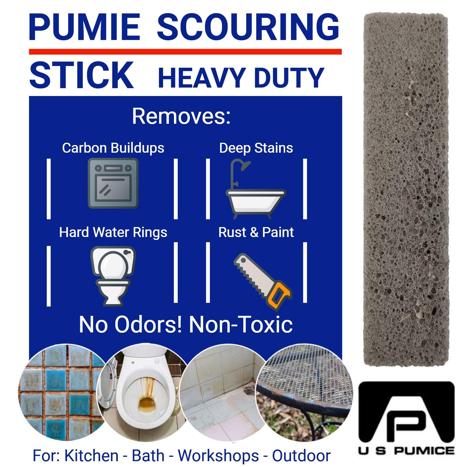 PUMIE Heavy Duty Pumice Scouring Stick - Pack of 12 | Extra Strong Pumice Stone for Toilet Cleaning, Rust Removal, Grill & Oven Cleaning | Eliminates Hard Water Rings, Stains in Bathrooms, Pools & Tubs | Perfect for Deep Cleaning Tough Surfaces