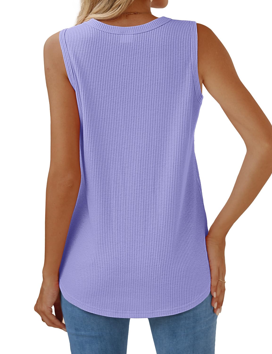 WIHOLL Women's Soft Waffle Knit Crewneck Tank Top - Loose Fit Cotton Beach Top with Curved Hem | Trendy Summer Outfit for Casual Wear, Vacation & Beach Day