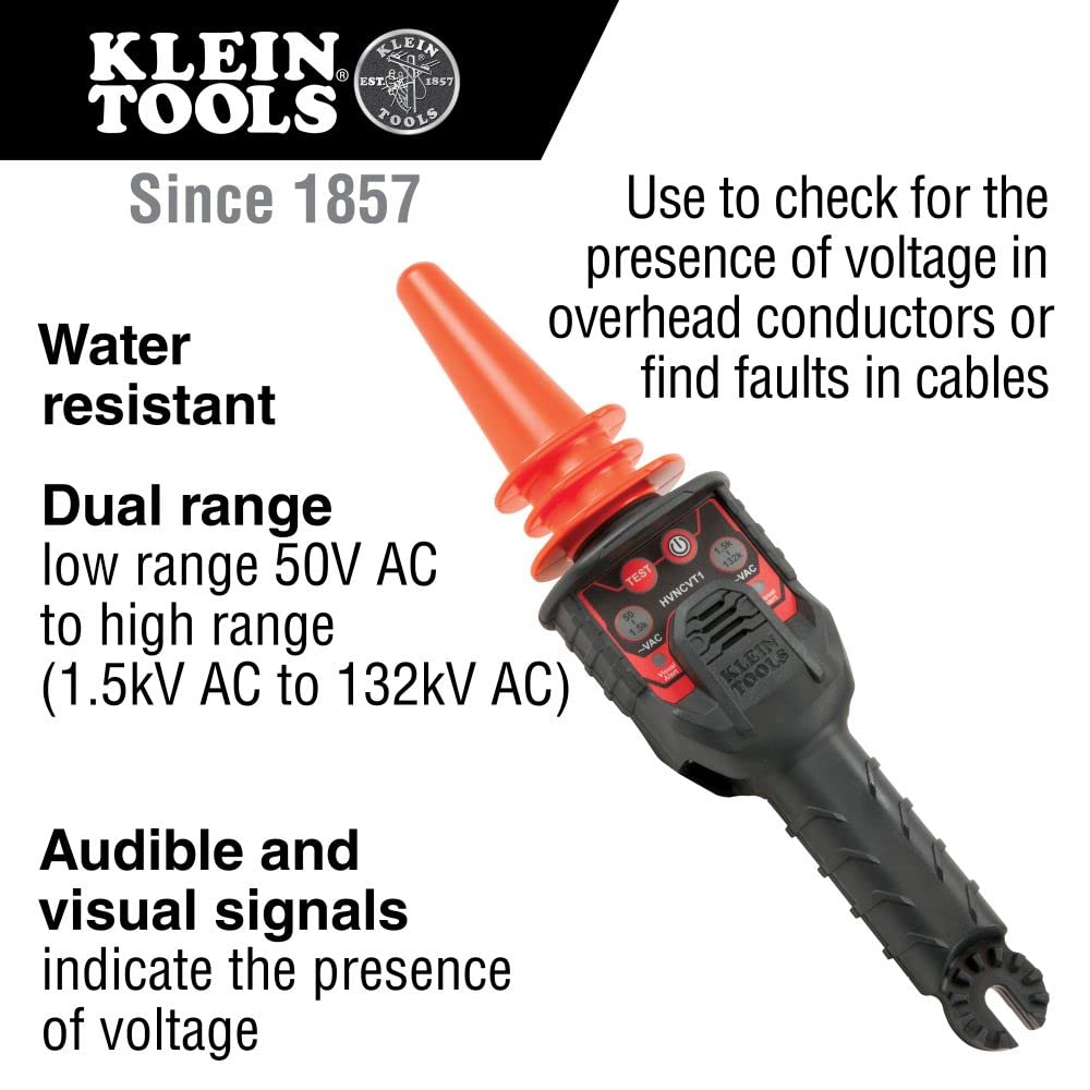 Klein Tools HVNCVT-1 Dual-Range Non-Contact Voltage Tester with Audio/Visual Alerts - Water Resistant High Voltage Detector with Carrying Case & Battery - Ideal for Electricians, HVAC Technicians & Home Safety Checks