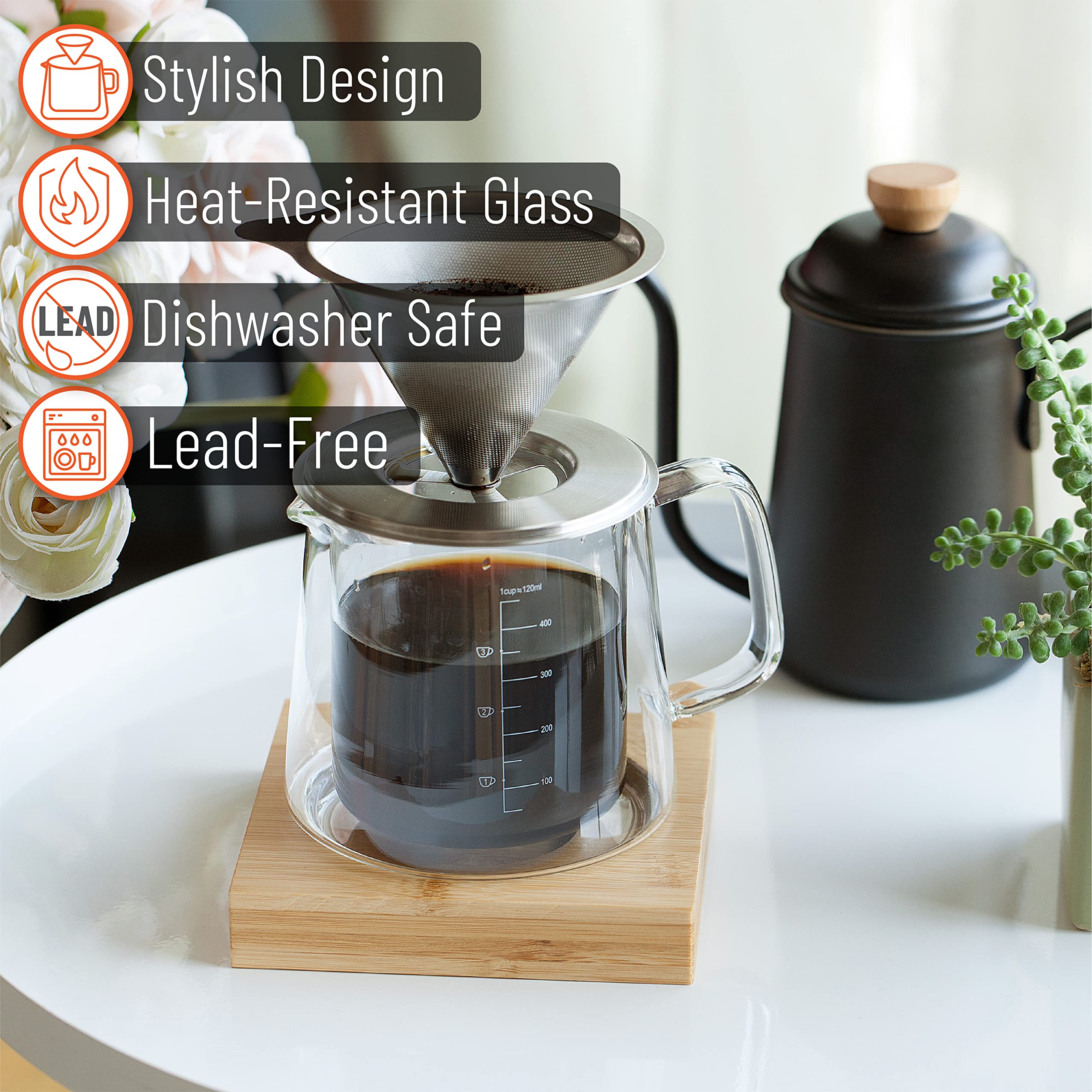 BTaT Pour Over Coffee Maker Set - 16 oz Double Wall Glass Drip Coffee Brewer with Permanent Filter, Manual Coffee Dripper for Home, Office & Camping Use