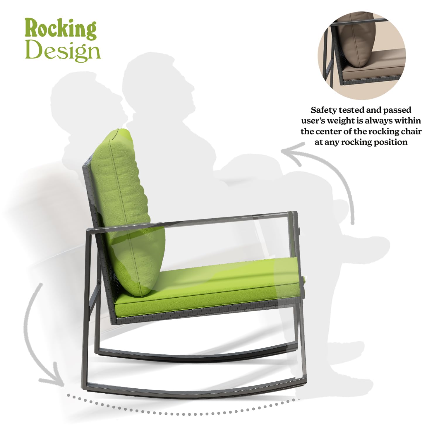 3-Piece Rocking Bistro Set - Black Metal Frame with Green Synthetic Wicker & Soft Cushions - Outdoor Patio Furniture with Glass Coffee Table & 2 Chairs - Perfect for Balcony, Porch, Garden or Backyard Relaxation