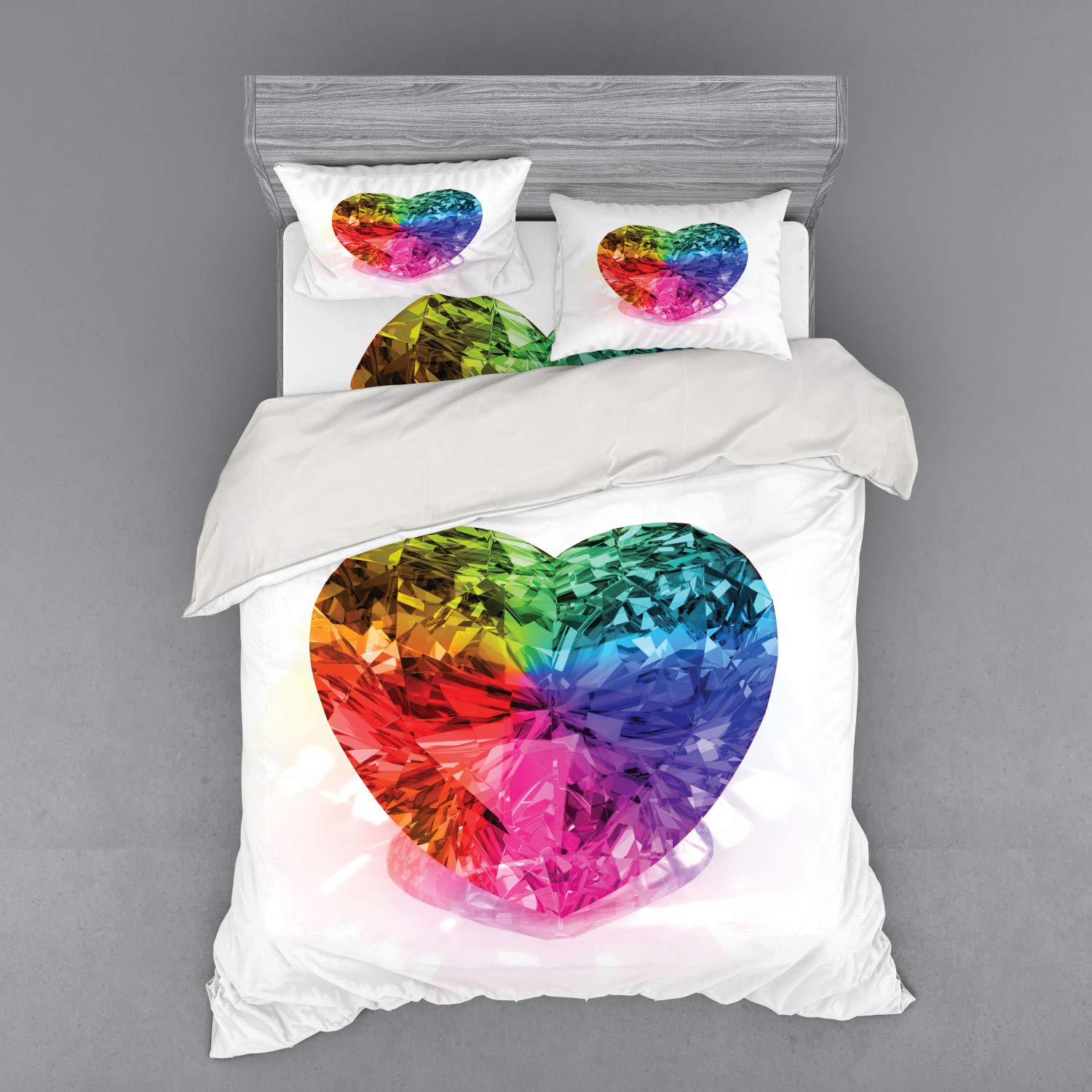 Ambesonne Diamond Bedding Set - Queen Size 4-Piece Duvet Cover with Shams & Fitted Sheet, Colorful Heart-Shaped Diamond Print for Romantic Couples | Perfect for Anniversary Gifts, Wedding Presents & Master Bedroom Decor
