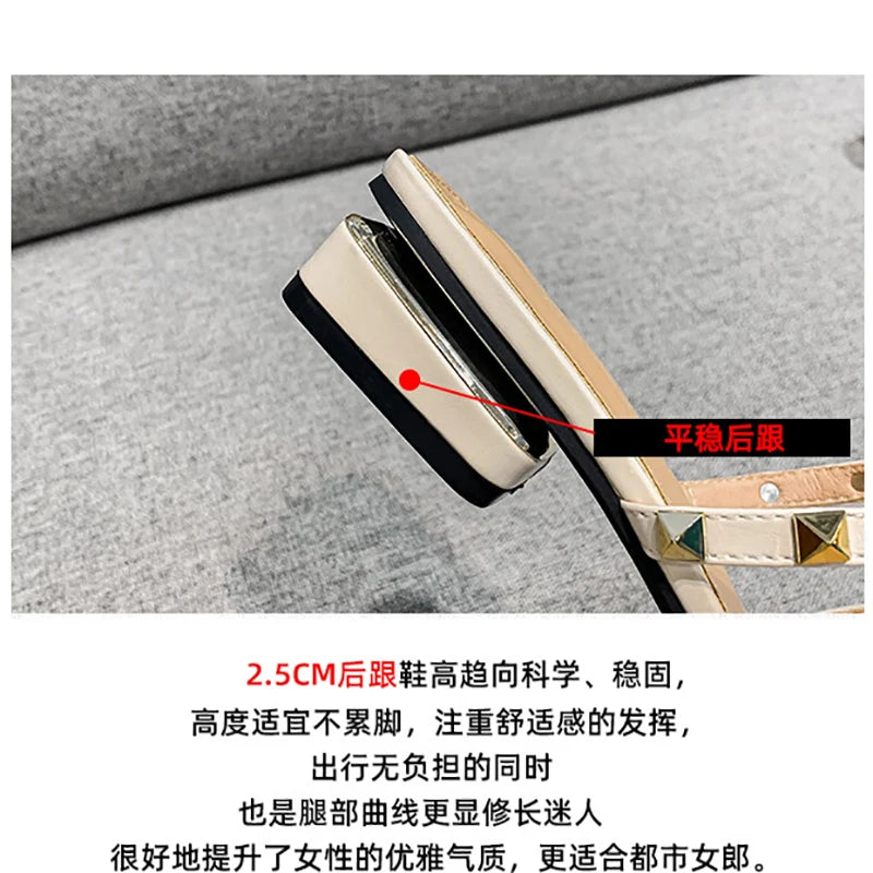 2023 Summer Women's Low Heel Rivet Sandals - Fashion Thin Ribbon Korean Design Girls Shoes, Large Size Comfortable Slip-On Slippers - Perfect for Beach, Vacation & Casual Outings