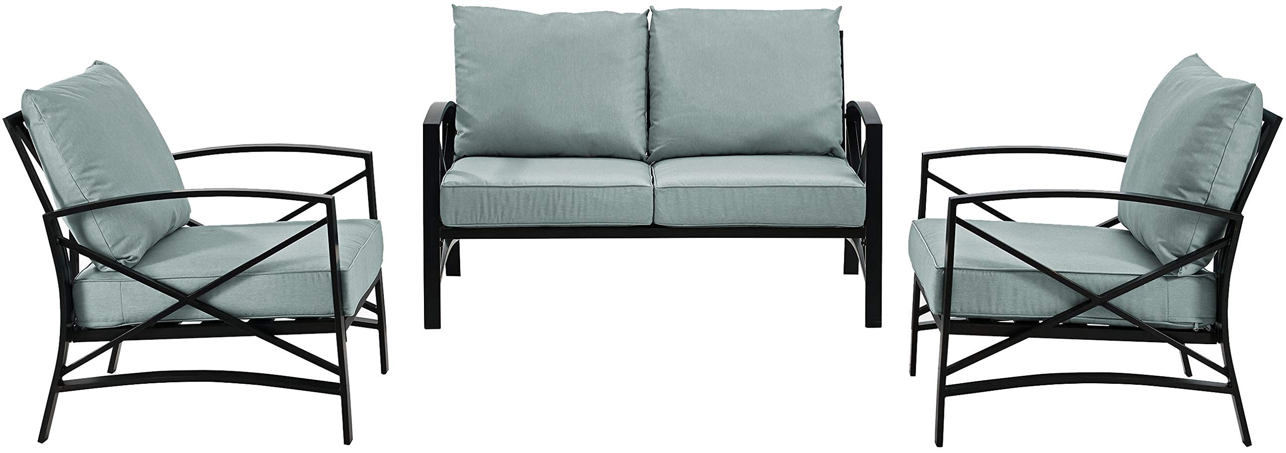 Crosley Furniture Kaplan 3-Piece Outdoor Loveseat Patio Set - Oiled Bronze Frame with Mist Cushions - Perfect for Porch, Deck, Garden & Backyard Relaxation