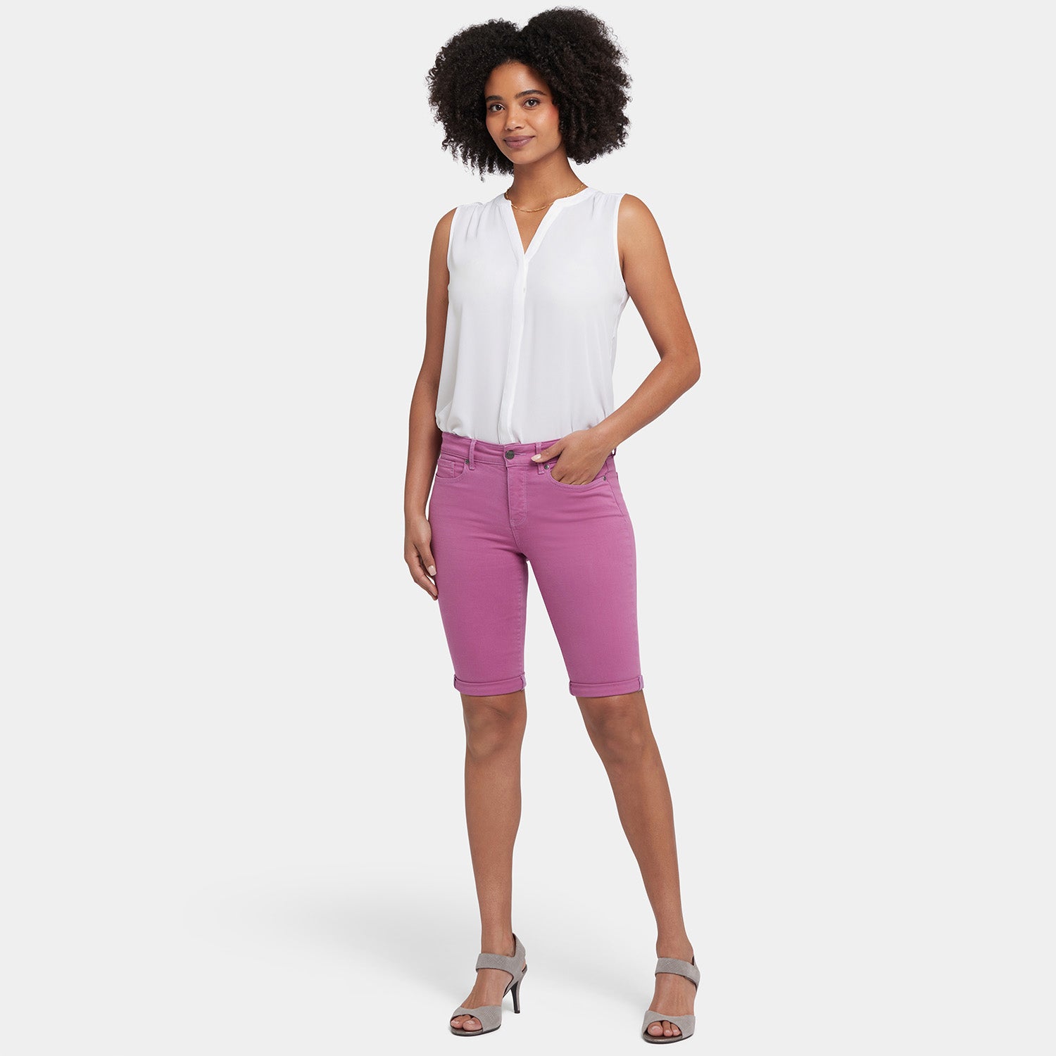Briella 11 Inch Denim Shorts for Women - Red Violet High Waisted Stretch Jean Shorts | Perfect for Summer, Beach, and Casual Outfits