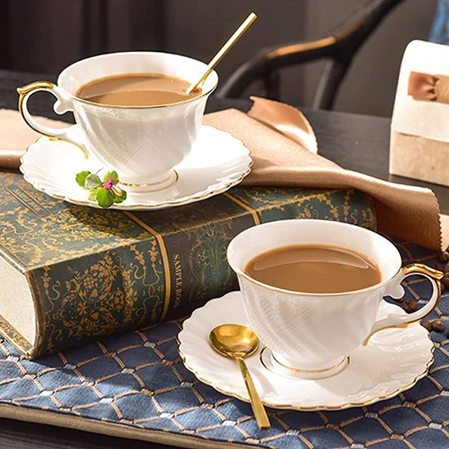 Premium 8.5 oz Bone China Coffee Mug & Saucer Set with Espresso Spoon - Porcelain Cappuccino, Latte, Tea & Mocha Cup - Perfect for Home, Office & Cafe Use