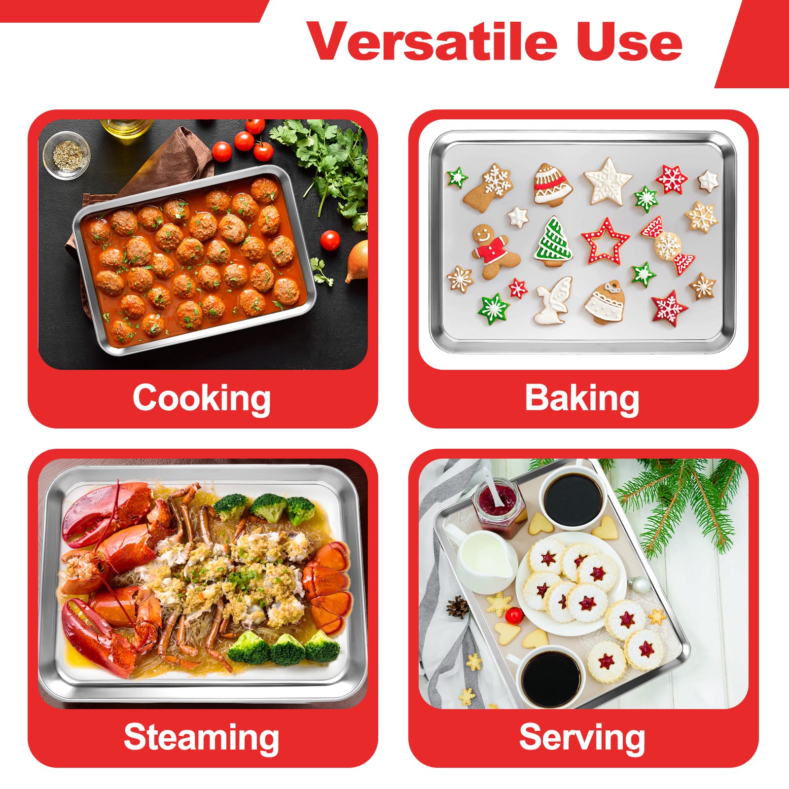 4-Piece Stainless Steel Cookie Baking Sheets Set - Non-Stick, Dishwasher Safe & Easy Clean Toaster Oven Pans for Cookies, Pizza & Pastries - Perfect for Home Baking, Restaurants & Commercial Kitchens