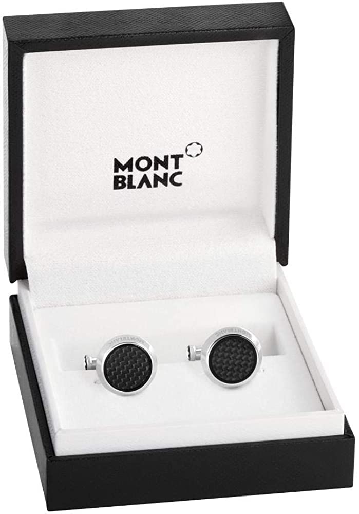 Montblanc Extreme 2.0 Round Stainless Steel Cufflinks with Carbon Fiber Effect - Silver & Black Luxury Cufflinks for Men & Women - Perfect for Formal Events, Weddings, and Business Attire