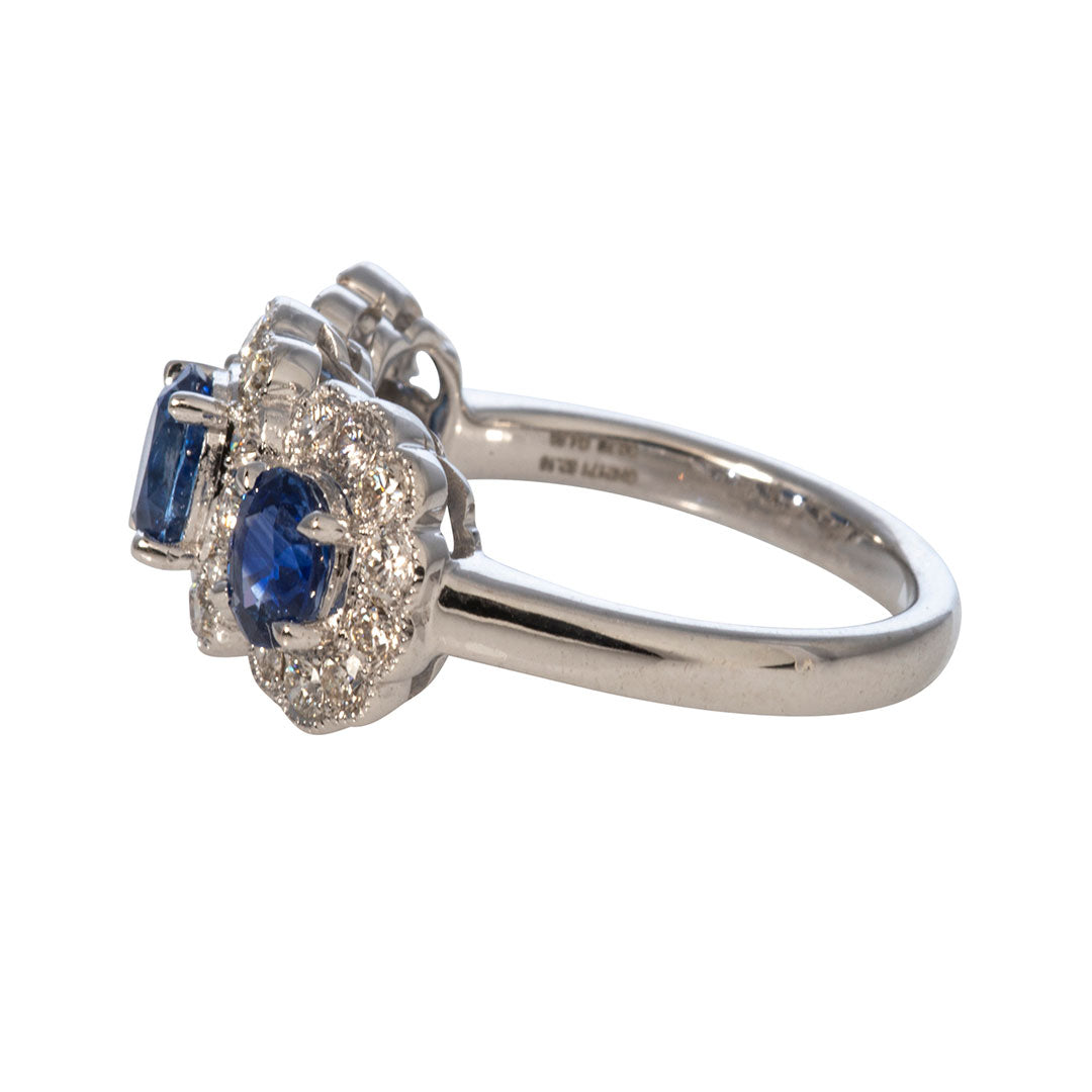 Three Stone Oval Sapphire & Diamond Halo 14K White Gold Engagement Ring for Women - Perfect for Proposals, Anniversaries & Special Occasions