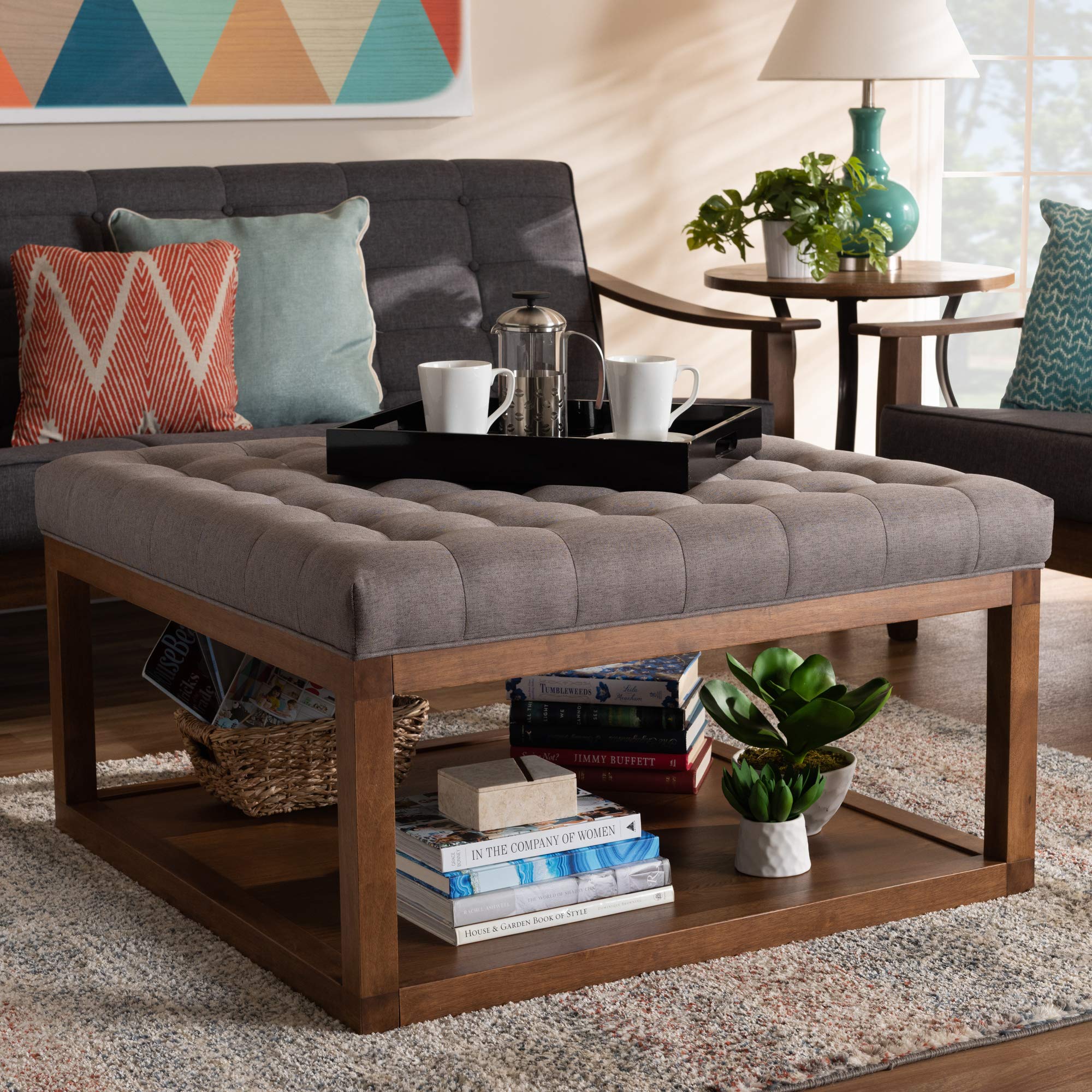 Baxton Studio Modern Ottoman with Storage - Grey/Walnut Finish - Perfect for Living Room, Bedroom or Office - Multi-Functional Footrest and Seat