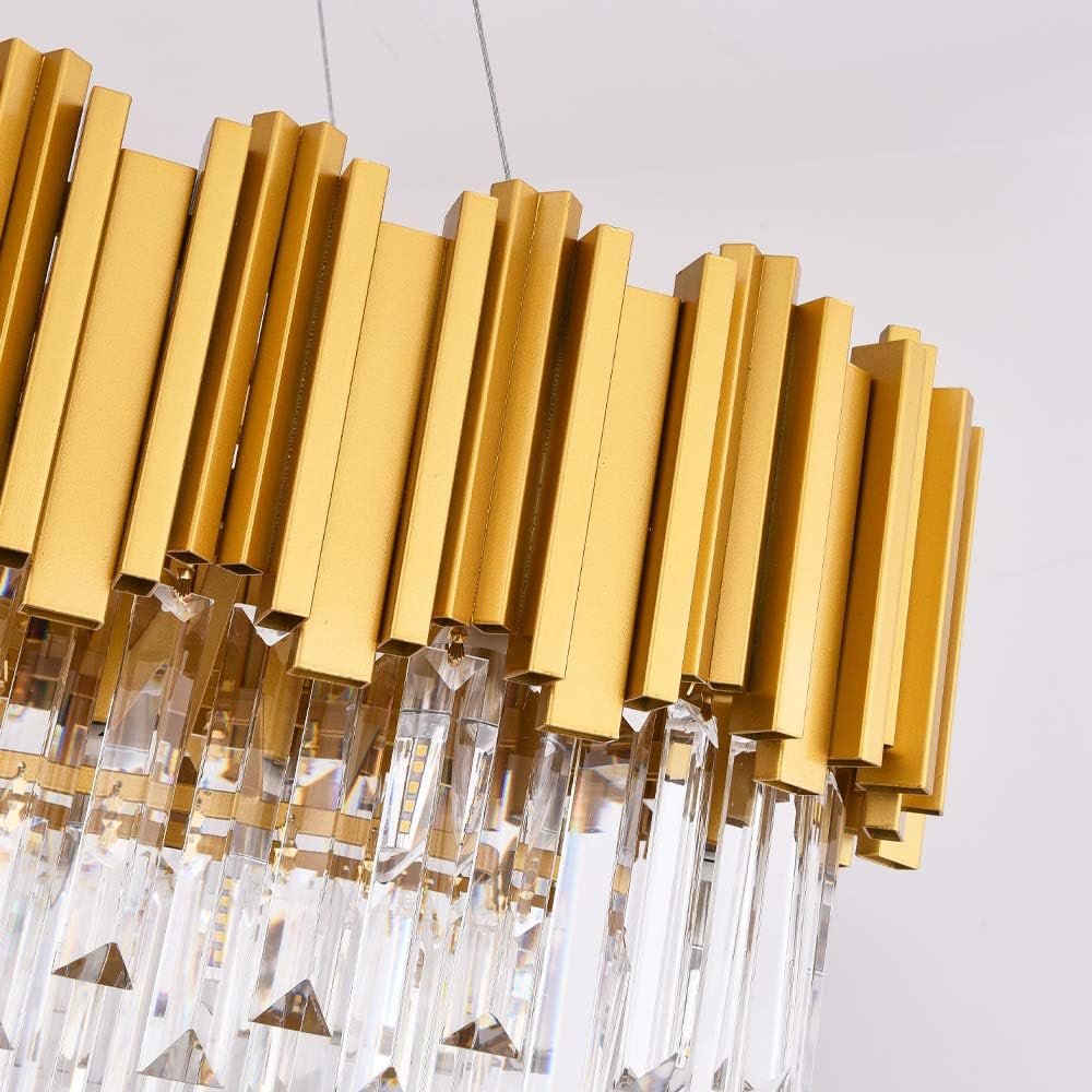 W35 Linear Modern Crystal Chandelier - Luxury Oval Raindrop Pendant Ceiling Light - Contemporary Gold Lighting Fixture for Dining Room, Living Room, Kitchen Island & Bedroom - Perfect for Elegant Home Decor, Wedding Venues and Luxury Hotel Lighting