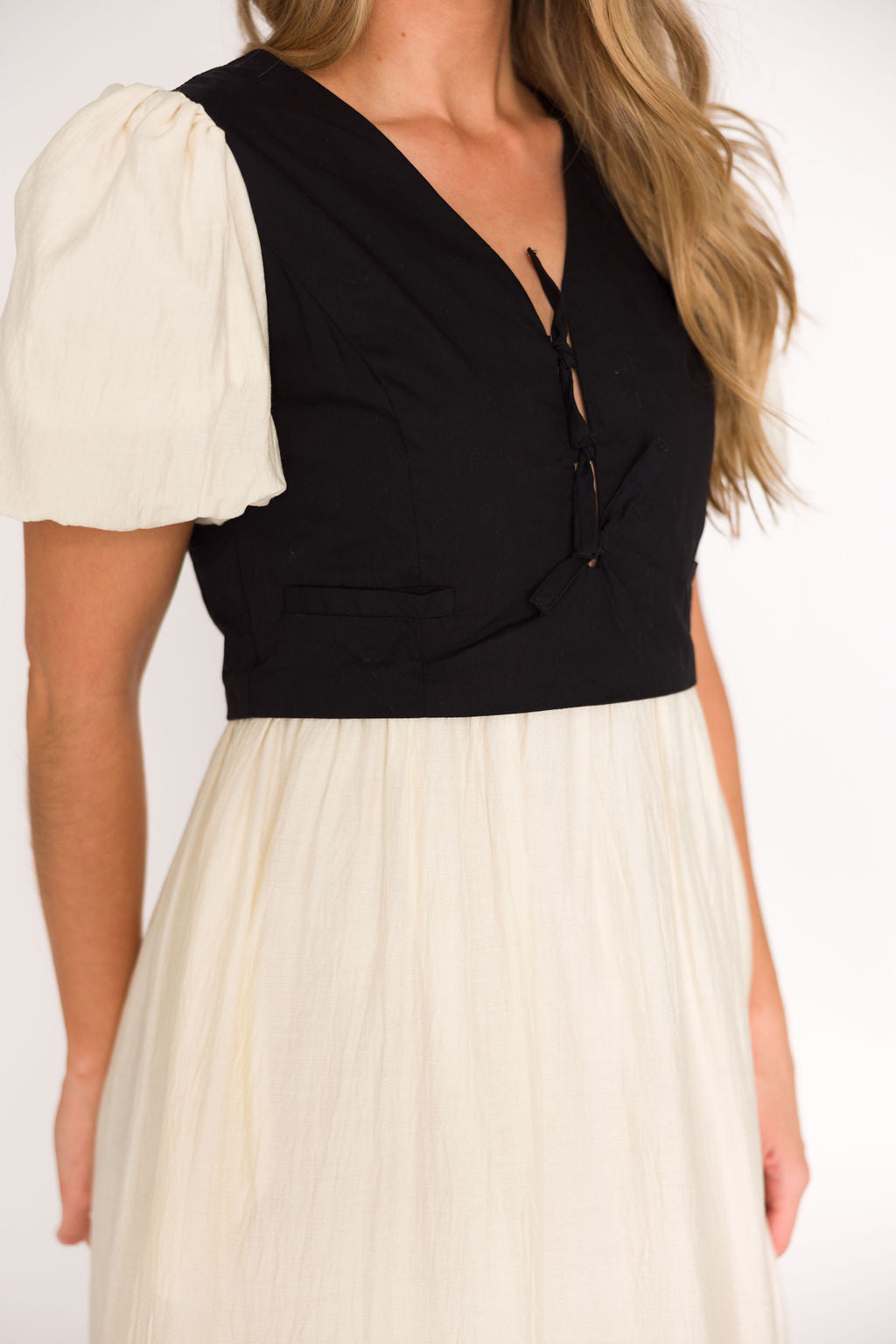 Mya Contrast Tie Vest Midi Dress in Ivory/Black - Elegant Women's Formal Dress for Office, Wedding & Special Occasions