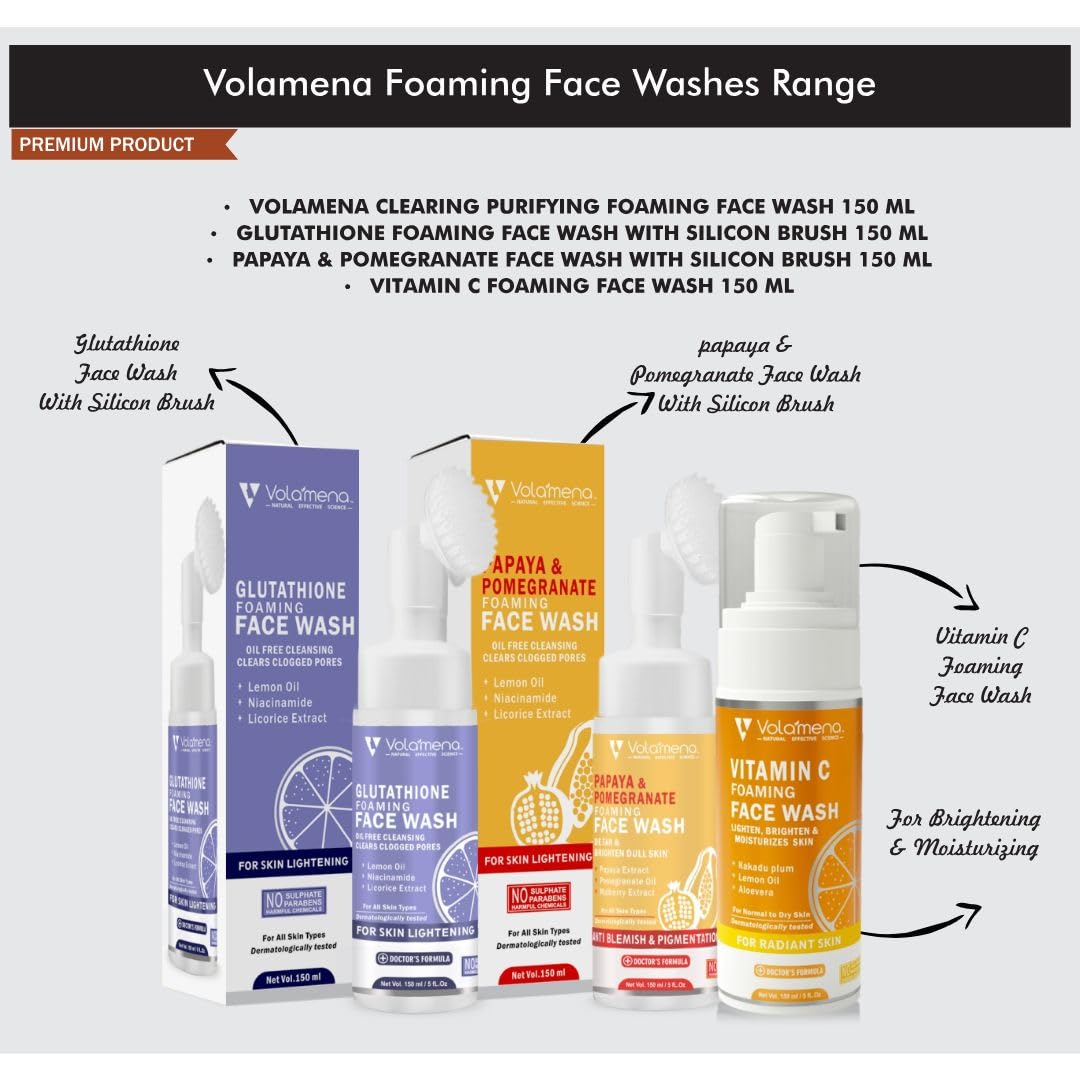 Volamena Papaya & Pomegranate Foaming Face Wash for Glowing Skin - 150ml Gentle Cleanser for Women & Men | Perfect for Daily Skincare Routine & Acne-Prone Skin