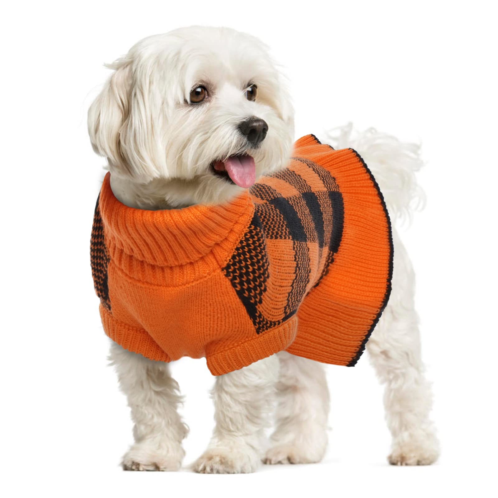 Lelepet Dog Sweater - Warm Turtleneck Pullover Knit Plaid Halloween Costume for Small to Large Dogs, Yorkies, Orange | Cozy Winter Outfit & Holiday Pet Fashion