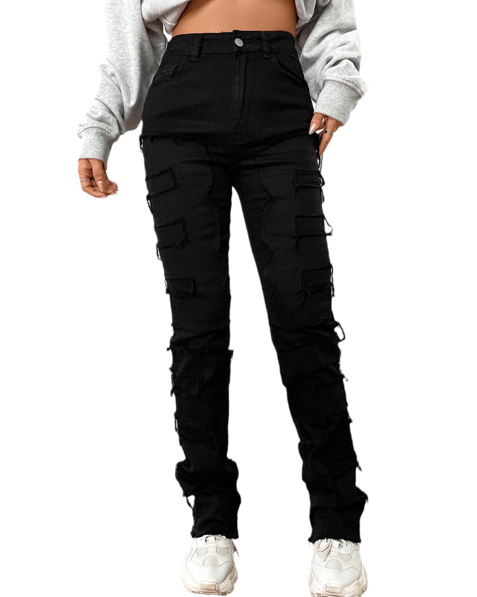 Conshvi Women's Stacked Straight Leg Jeans - Mid Rise Slim Fit Distressed Patchwork Denim Pants with Stretch | Trendy Casual Wear for Everyday, Work & Night Out