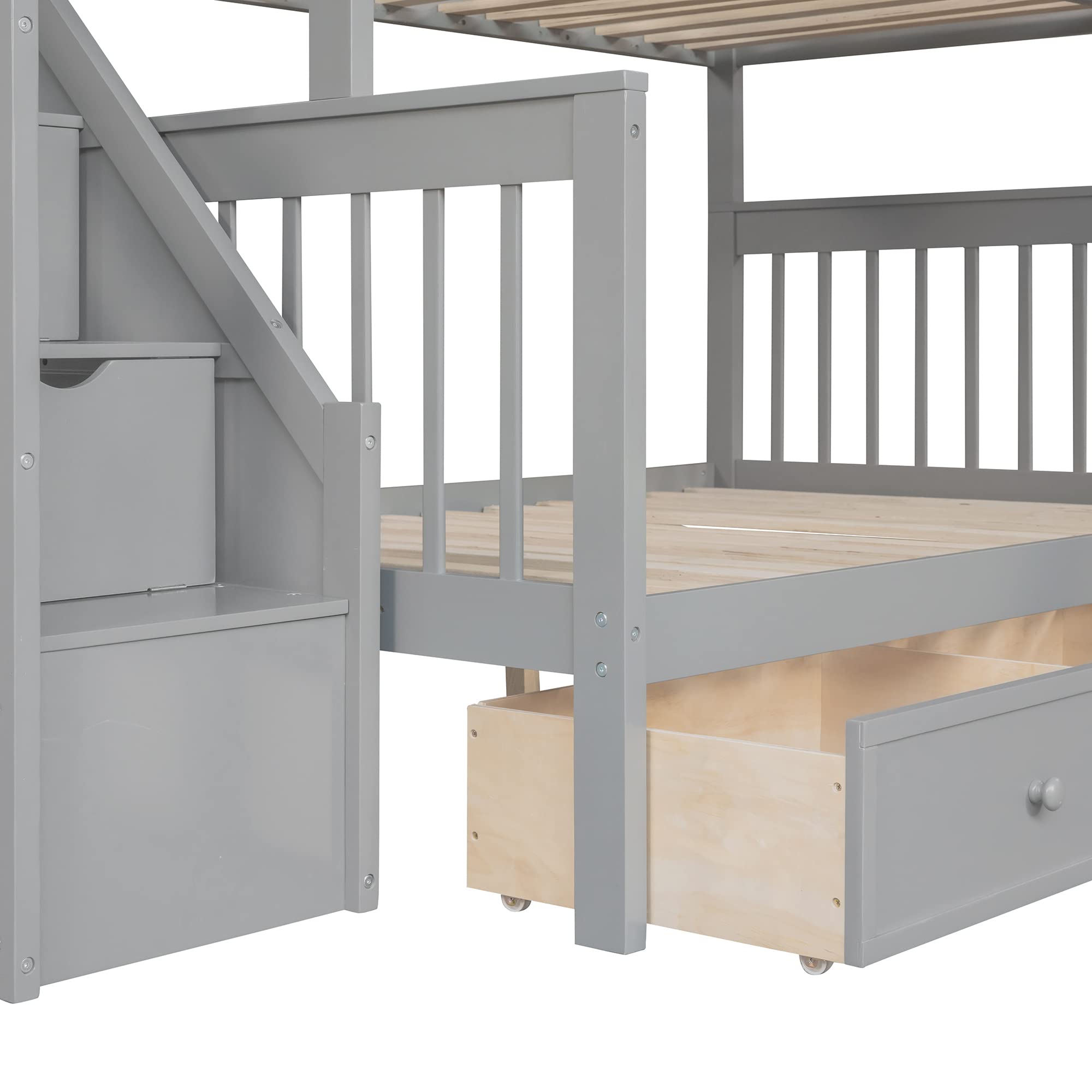Modern L-Shaped Solid Wood Triple Bed with Storage Staircase - Twin over Full Bunk Bed with 3 Drawers, Loft Bed Frame with Ladder & Safety Guardrail for Adults, Teens & Kids - Space-Saving Solution for Small Bedrooms, Guest Rooms & Dorm Rooms (Grey)