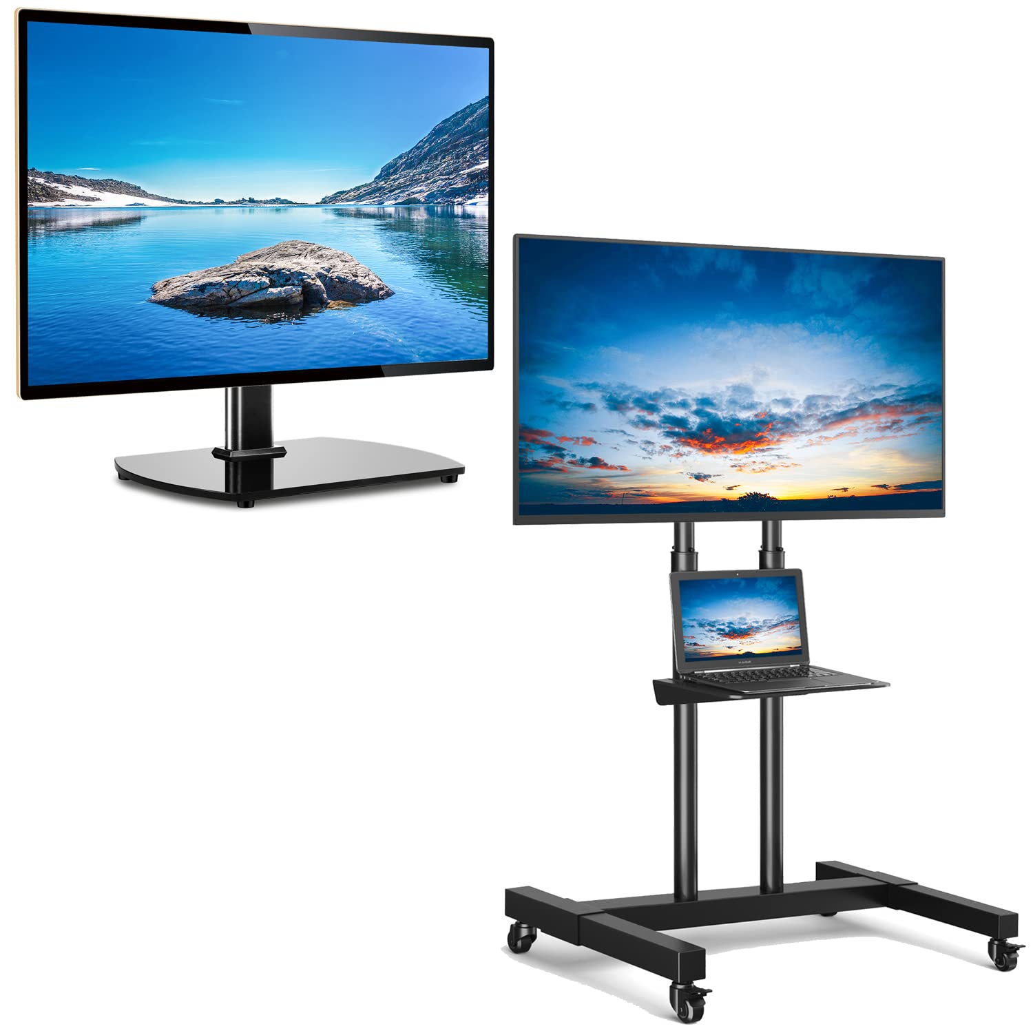 Adjustable Tabletop TV Stand for 27-60 Inch TVs & Mobile TV Stand for 32-75 Inch TVs - Universal TV Mount Bundle for Living Room, Bedroom, Office & Dorm