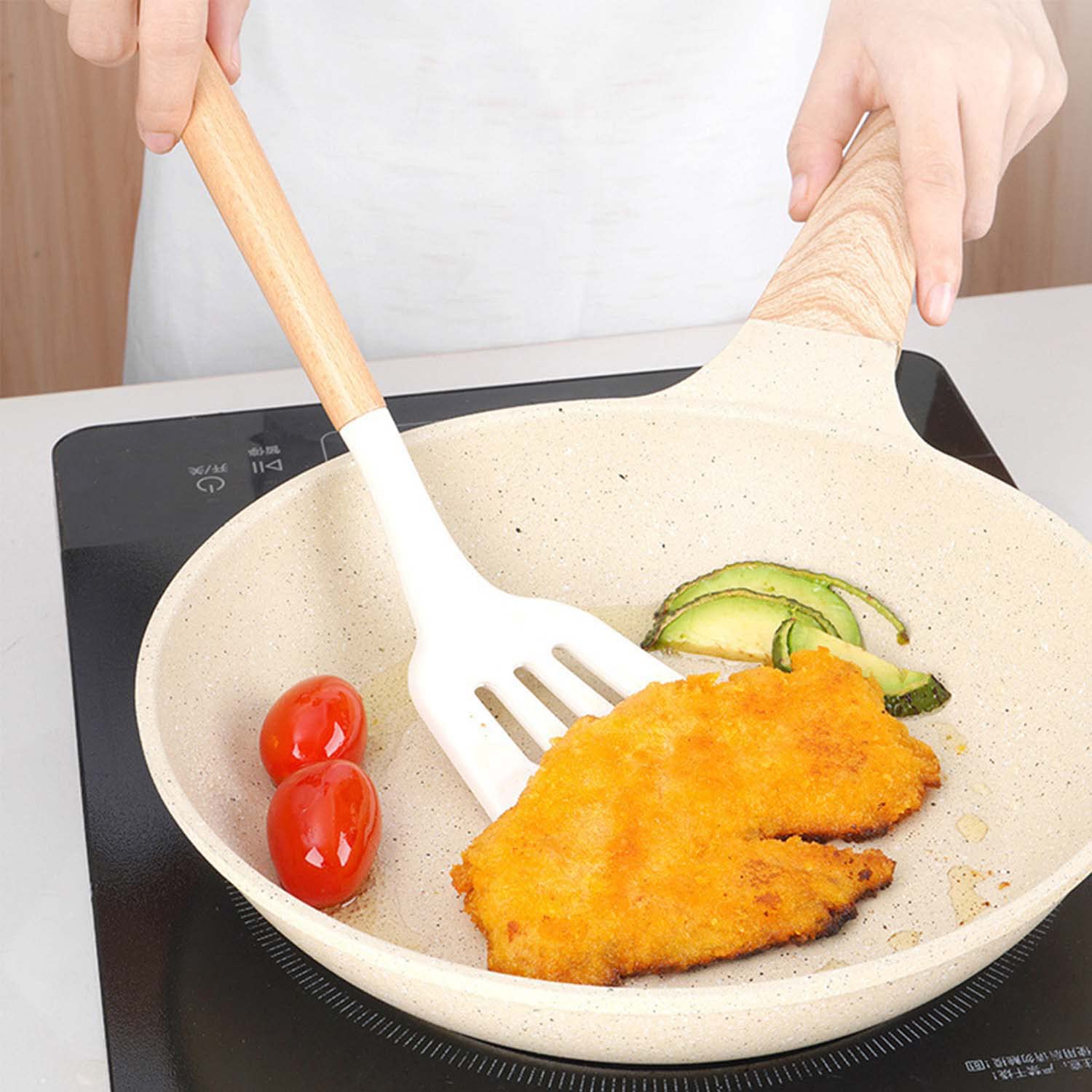 12-Piece Silicone Cooking Utensil Set with Wooden Handles - Non-Stick, Heat Resistant up to 446°F, BPA-Free (Milk White) - Includes Spatula, Turner, Spoon, Tongs & Whisk - Perfect for Baking, Frying & Everyday Kitchen Use