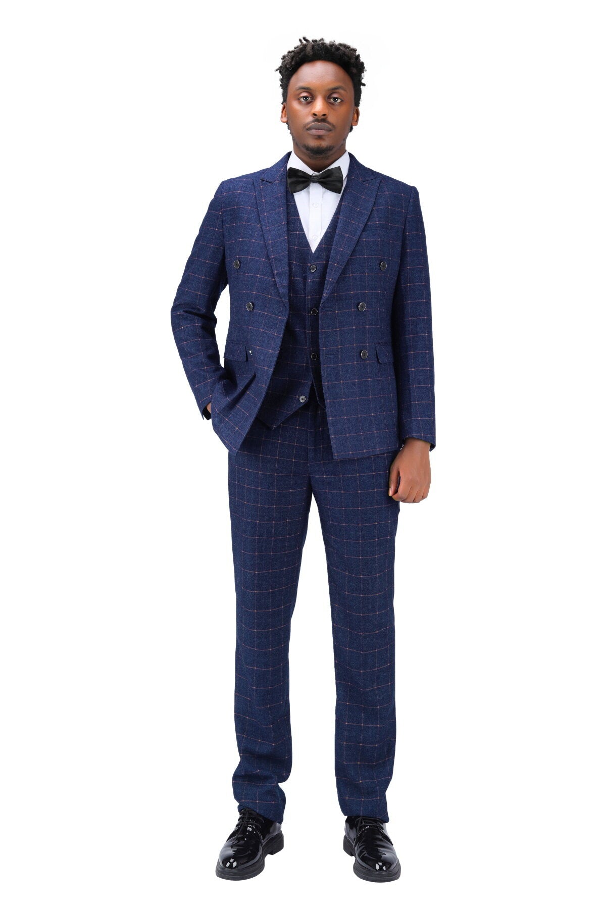 3 Piece Slim Fit Double Breasted Plaid Blue Suit for Men | Business Formal & Wedding Attire | Office, Interview & Special Occasion Outfit