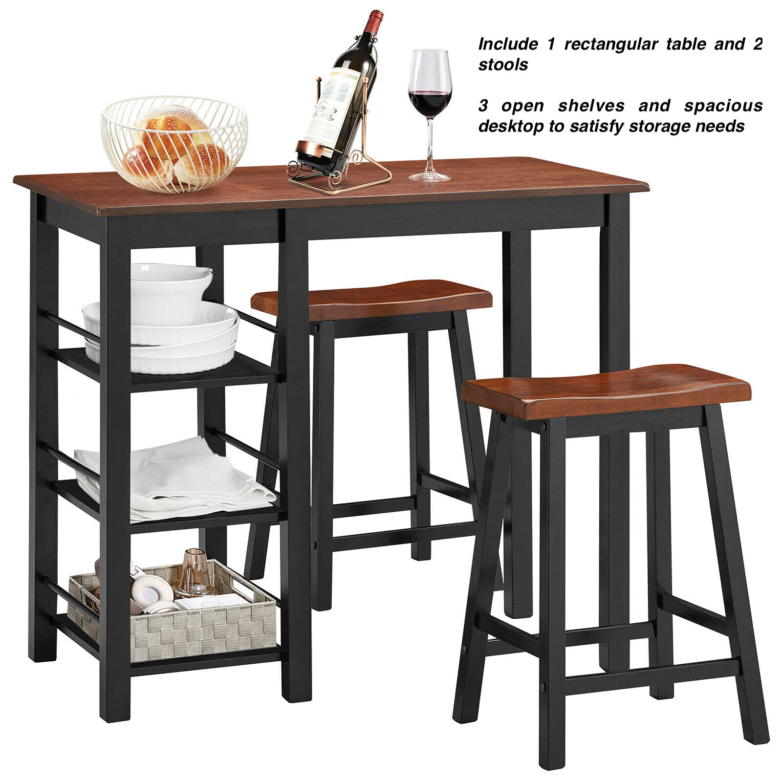3-Piece Counter Height Dining Table Set with 2 Stools & 3-Tier Storage Shelf - Perfect for Kitchen, Dining Room, Bar or Café - Organize Wine Glasses, Dinnerware, Magazines, Snacks & Potted Plants