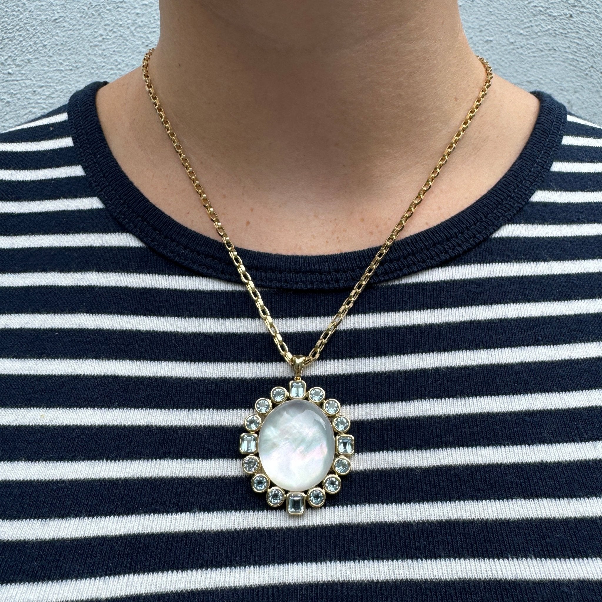 18K Gold Pendant Necklace with Mother of Pearl and Blue Topaz - Elegant Jewelry Gift for Women, Perfect for Weddings & Special Occasions