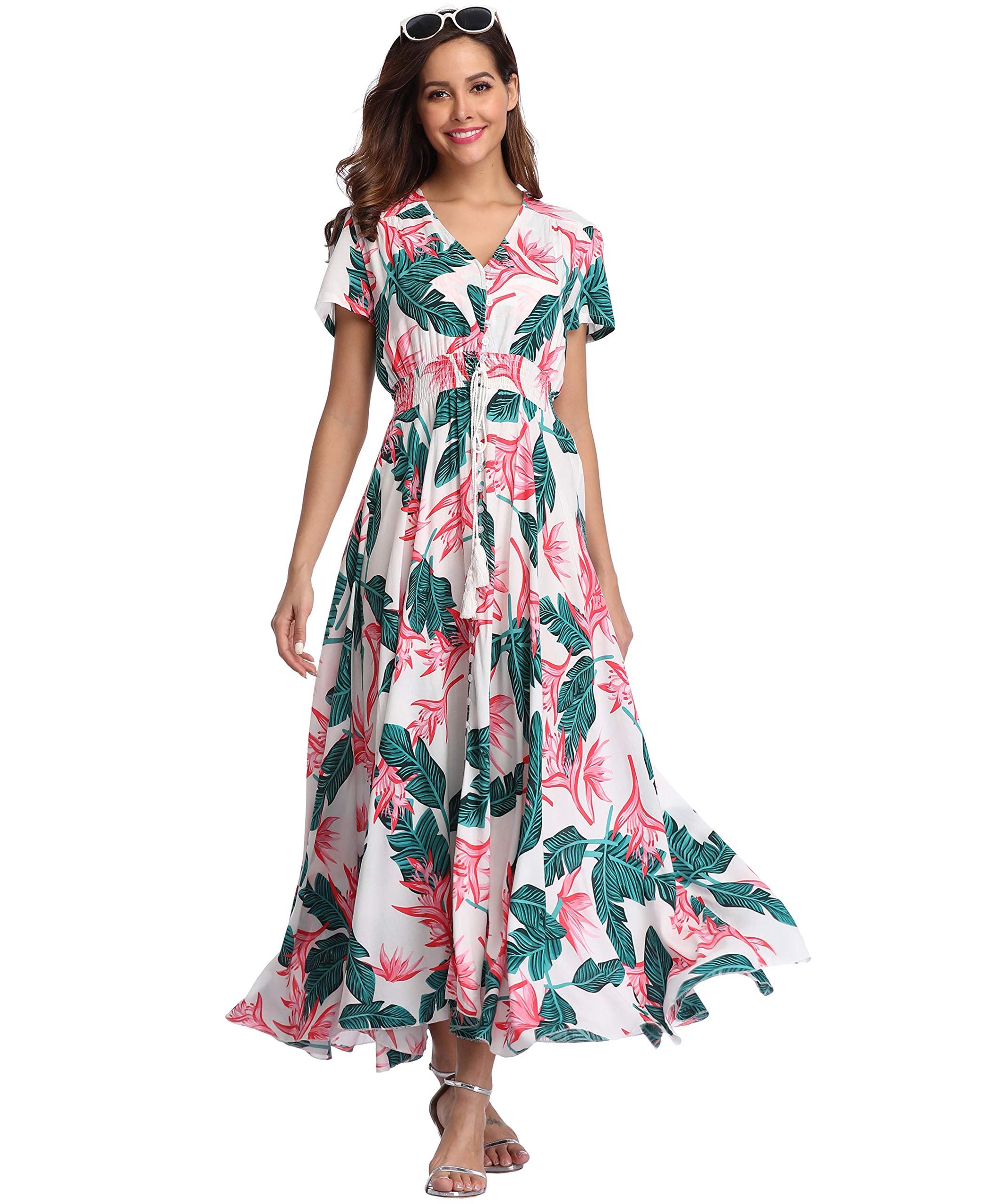 Ferrendo Women's Floral Maxi Dress - Button Up Bohemian Beach Dress with Side Slit & Flowy Design for Summer Parties, Vacations & Outdoor Events