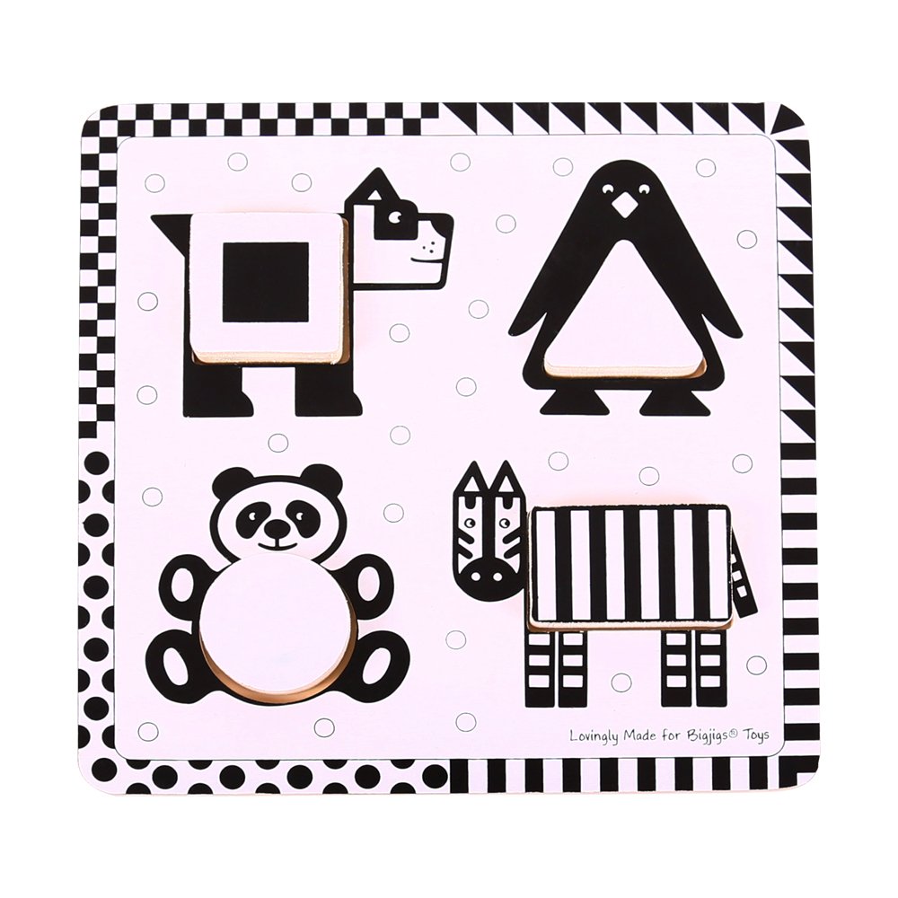 Bigjigs Toys Black and White Animal Puzzle - Educational Wooden Baby Toy for Toddlers 1-3 Years | Perfect for Early Learning, Sensory Play & Nursery Decor