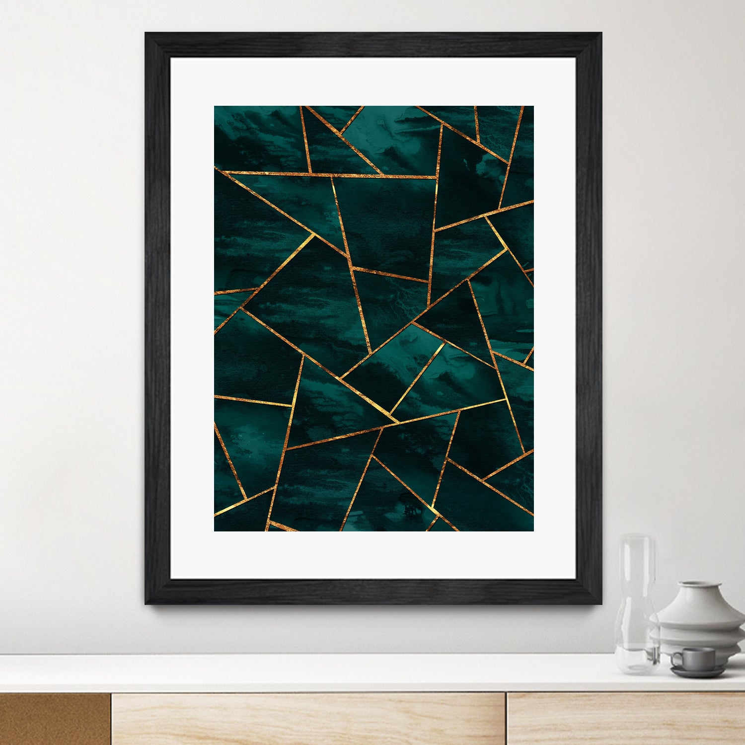Dark Teal Ink Copper Gold Geometric Glam Wall Art - Modern Abstract Home Decor for Living Room, Bedroom & Office | Unique Handmade Painting for Stylish Interiors