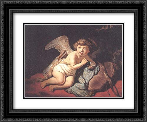 Rembrandt Cupid Blowing Soap Bubbles Art Print - 24x20 Black Ornate Framed Painting with Double Matting, Museum Quality Wall Decor for Living Room, Bedroom & Office