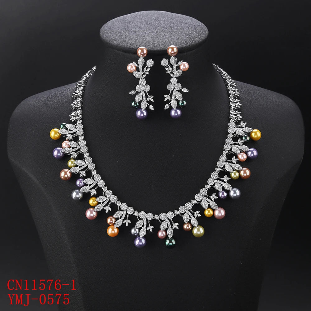 4 Colors Elegant White Cubic Zirconia Pearl Necklace Set - Women's Bridal Wedding Jewelry | Perfect for Parties, Anniversaries & Special Occasion Gifts CN11576