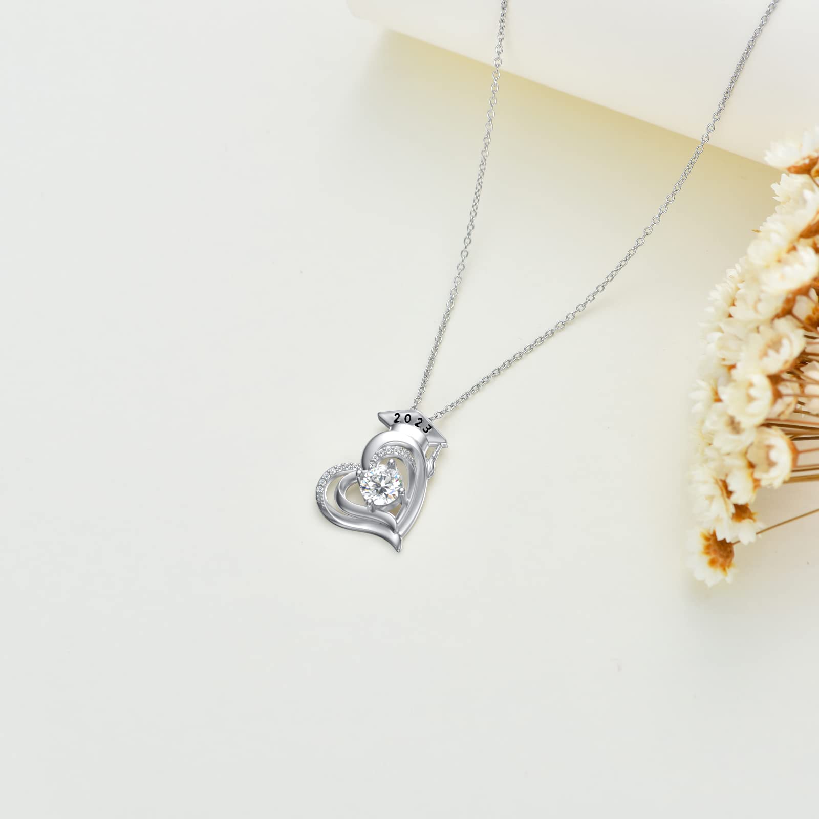 14K White Gold Plated 925 Sterling Silver Graduation Necklace for Women - Natural Diamond Heart Pendant with 2023/2022 Graduation Cap Charm, 18''+2'' Chain - Perfect Graduation Gift for Her, Daughter, Sister or Friend - Ideal for Commencement Ceremonies, Graduation Parties & Special Occasions