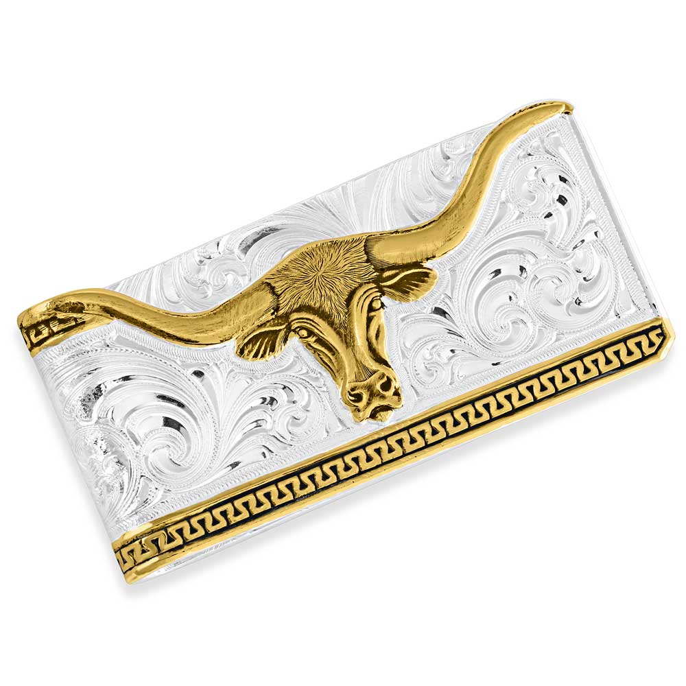 Two Tone Carved Longhorn Money Clip - Western Style Leather Wallet Accessory for Men | Perfect for Cash, Cards & ID Organizing | Great Gift for Cowboys, Ranchers & Western Enthusiasts