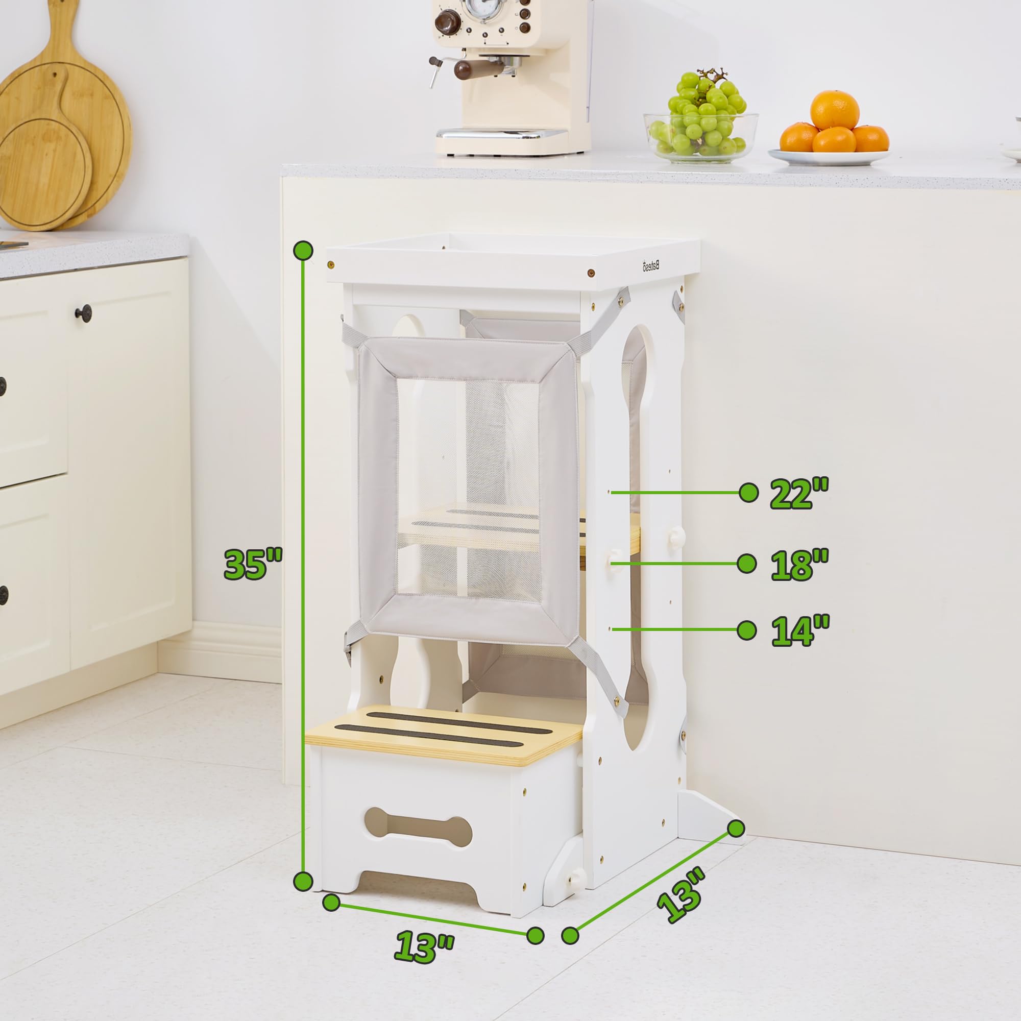 Bateso Adjustable Wooden Toddler Step Stool - Kitchen Helper Tower with 2 Removable Safety Nets & Non-Slip Mats - 4 Height Levels for Kids Ages 1-6 - Perfect for Cooking, Bathroom Sink, and Countertop Access