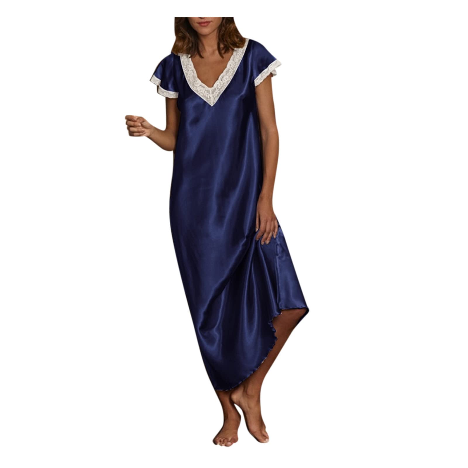 Women's Cotton Night Dress - Short Sleeve V-Neck Sleepwear Pajamas & Long Nightgown with Lace Trim | Comfortable Homewear for Lounge, Sleep & Relaxation
