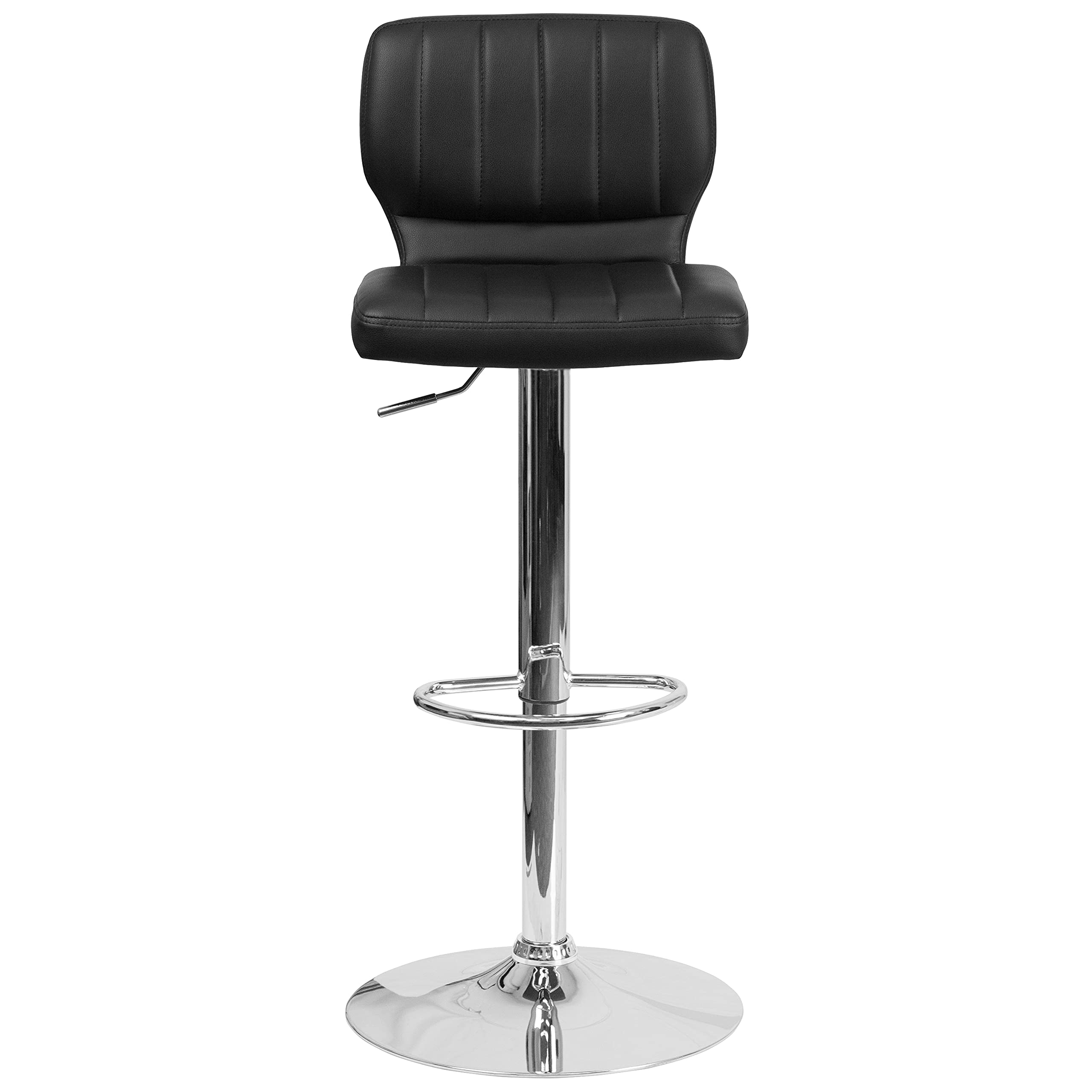 EMMA + OLIVER Black Vinyl Adjustable Height Bar Stool with Vertical Stitch Back - Modern Kitchen Island & Breakfast Nook Seating for Home & Restaurant Use