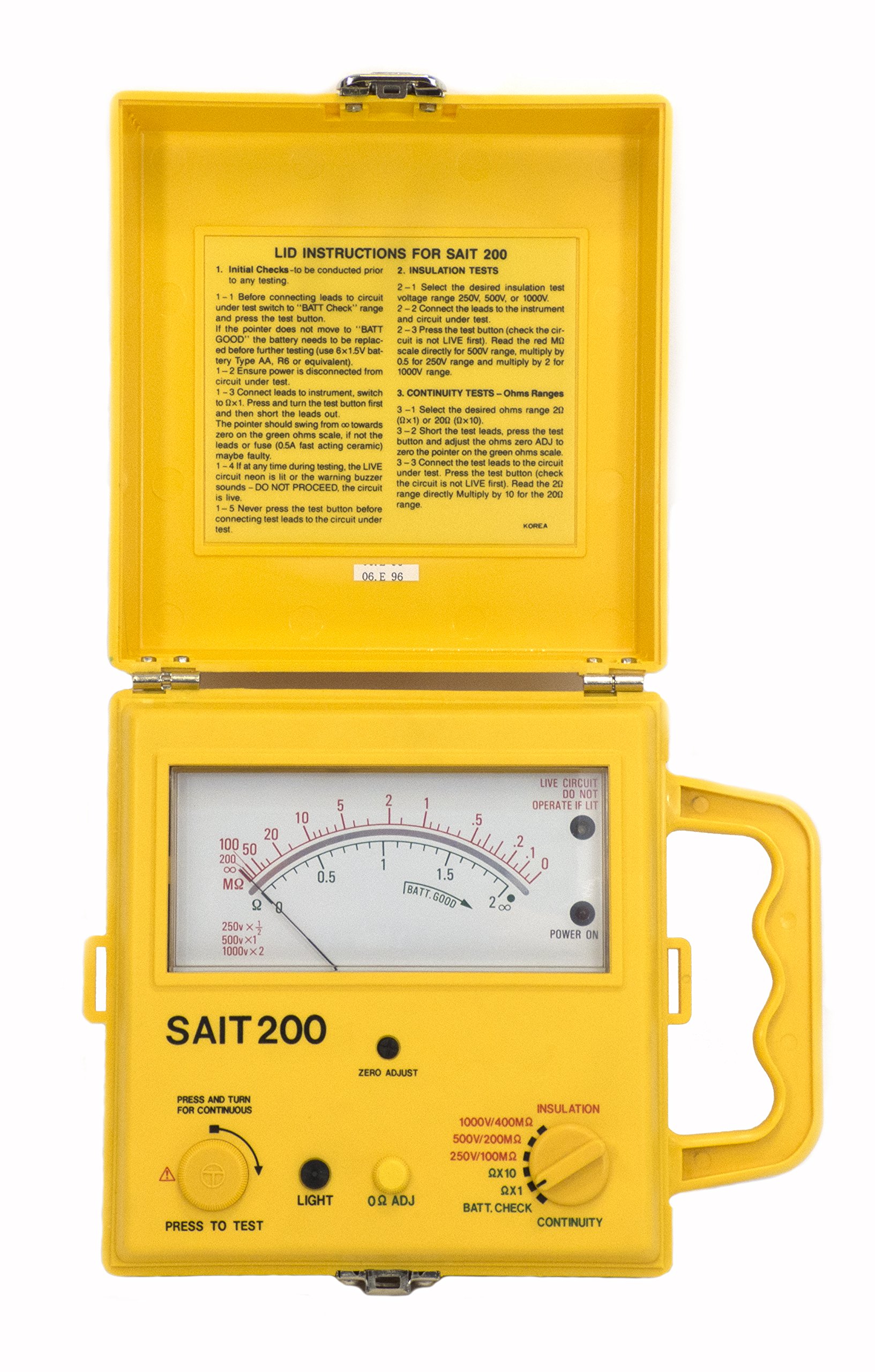 TPI SAIT200 Analog Insulation Resistance Tester - 400 Megaohms, 1000V Voltage, Large Scale Display with Backlight | Electrical Safety Testing for Industrial Equipment, HVAC Systems & Power Lines