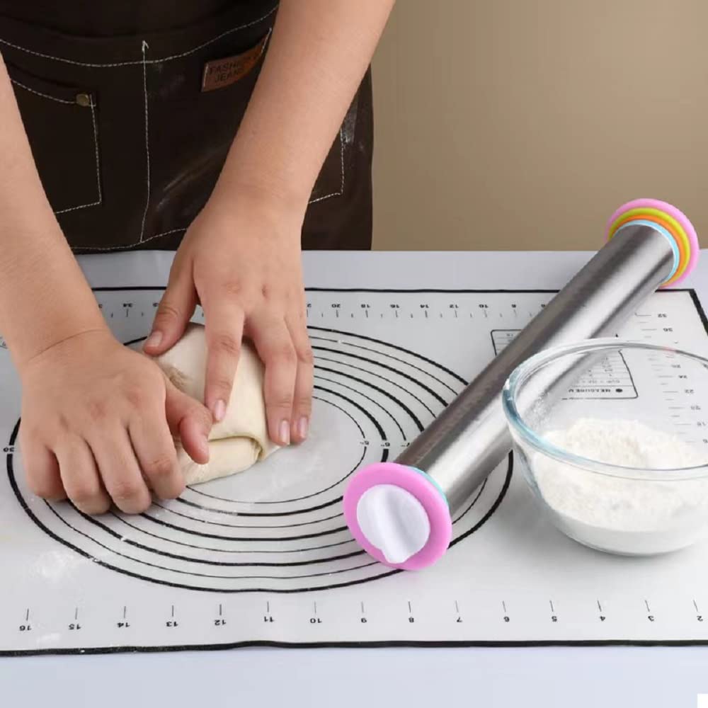 **Stainless Steel Rolling Pin & Baking Pastry Mat Set - Adjustable Thickness Rings for Fondant, Pizza, Pie, Pasta Dough - Perfect for Home Bakers & Professional Chefs**