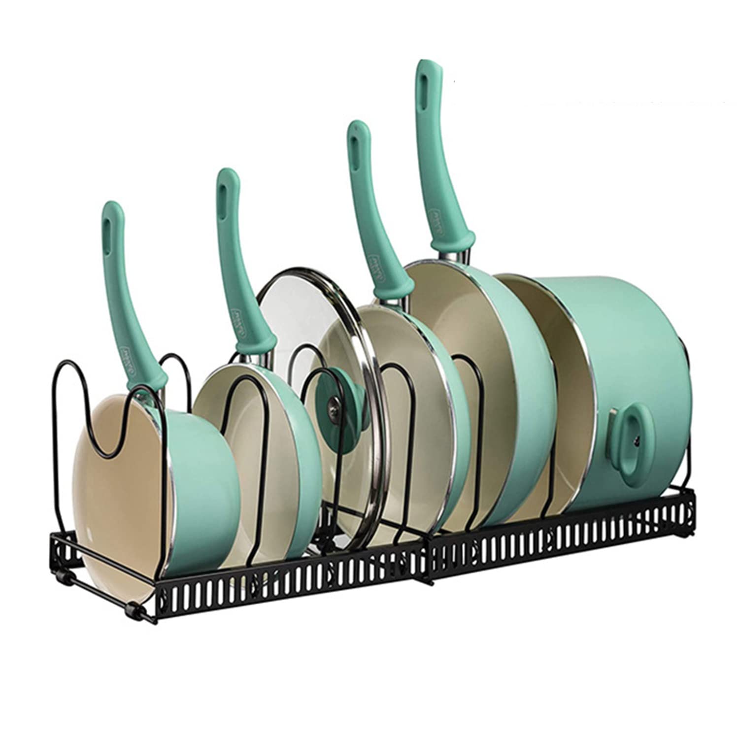 Adjustable 7-Section Pot and Pan Lid Organizer Rack - Expandable Kitchen Cabinet Storage for Pots, Pans & Dishes (Black) - Perfect for Small Kitchens & Clutter-Free Countertops