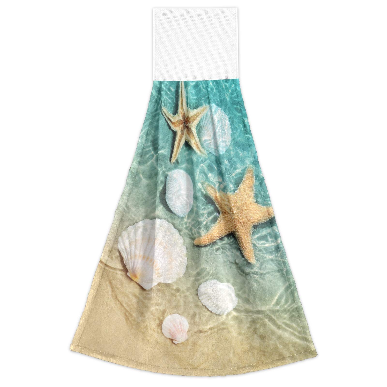 Super Absorbent Hanging Kitchen Hand Towels - 2-Piece Set (12x17in) with Loop, Machine Washable Dishcloths | Summer Beach Starfish & Seashell Design | Perfect for Kitchen, Bathroom & Outdoor Use
