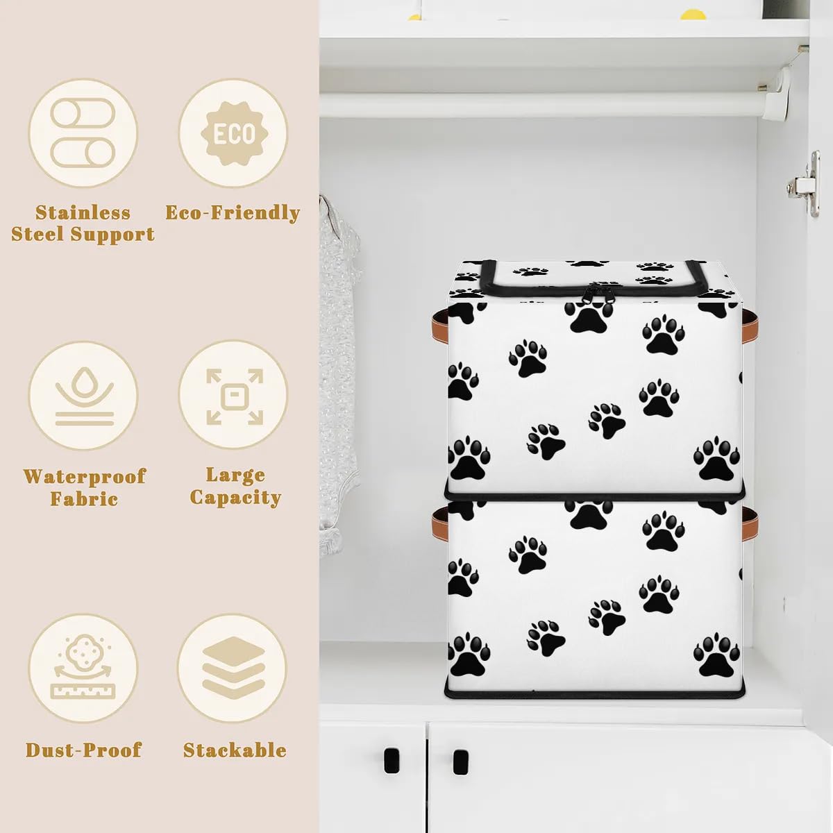 Dog Paw Print Collapsible & Stackable Storage Bins with Lids - Fabric Closet Organizer for Clothes, Toys, Blankets & Home Organization | Perfect for Pet Supplies, Kids' Room & Bedroom Storage