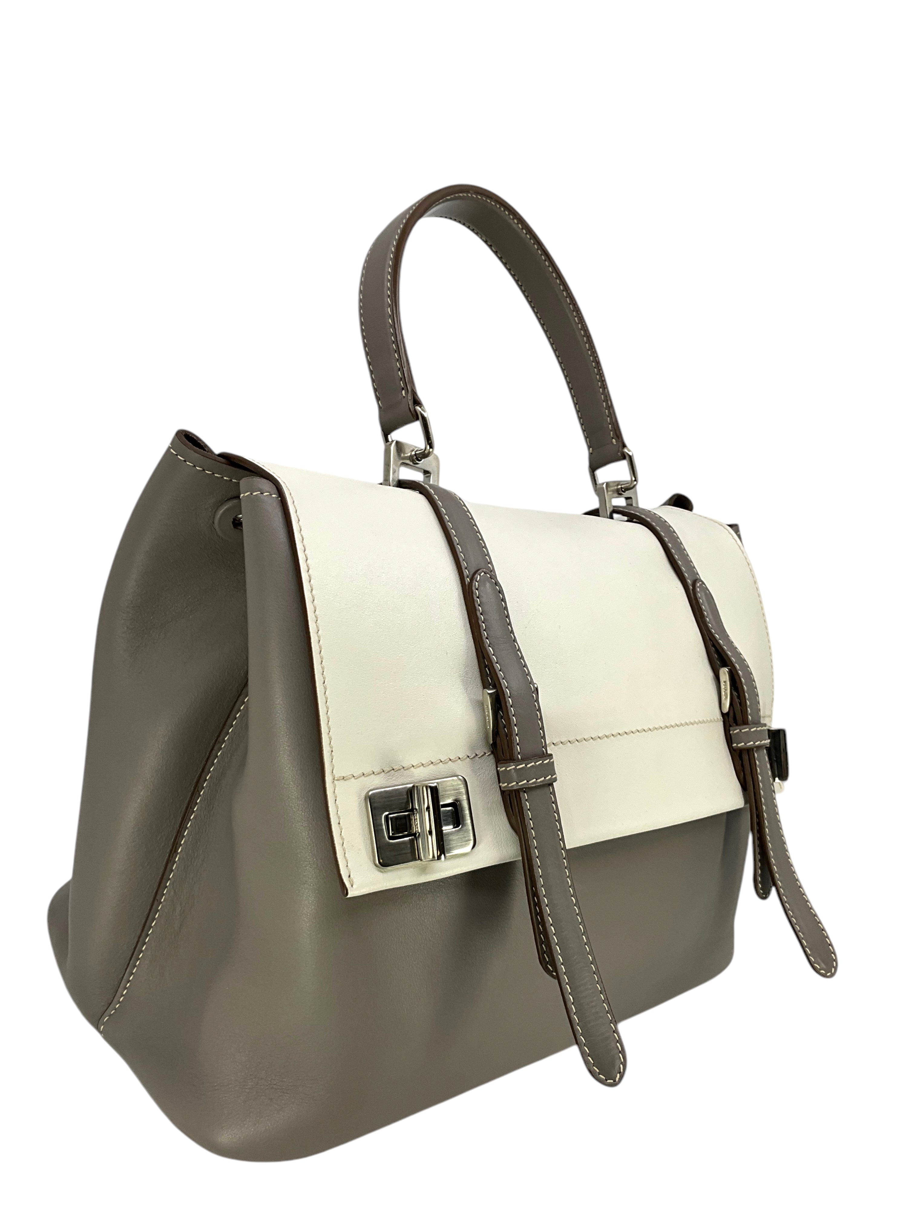 PRADA Dual Flap Double Turn Lock Satchel Handbag - Genuine Calfskin Leather Large Tote Bag for Women | Perfect for Work, Travel & Everyday Use