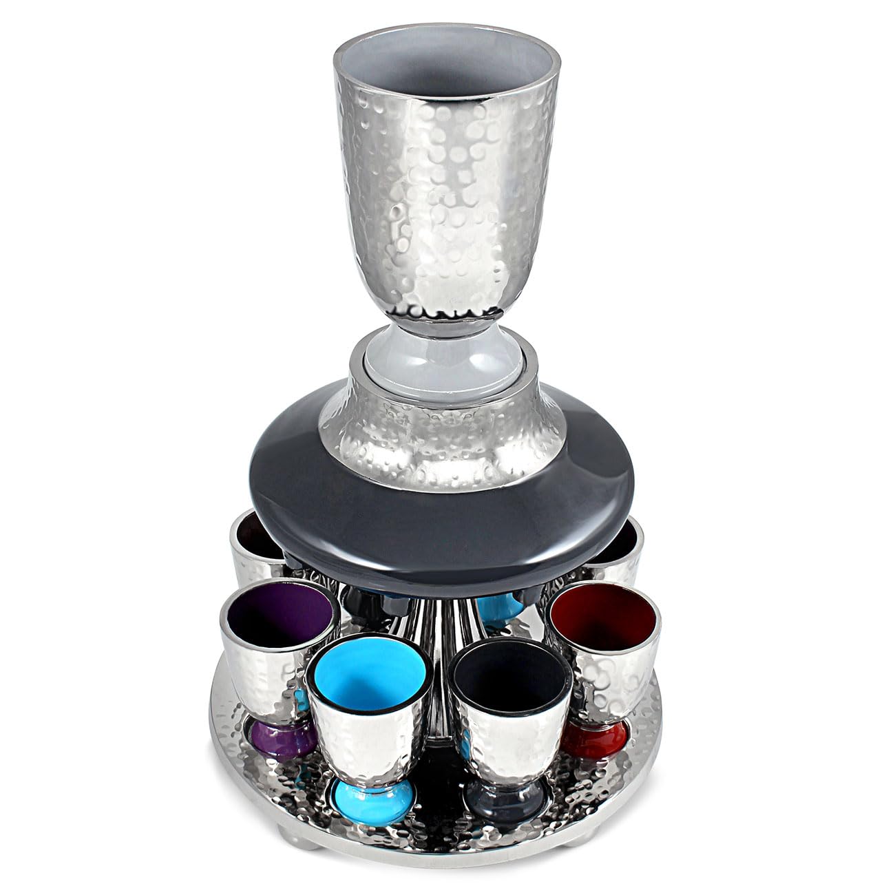Elegant Hammered Metal Kiddush Cup Wine Fountain Set with Enamel Detailing - Large Goblet & 8 Shot Cups for Jewish Holidays - Perfect for Shabbat, Passover, Seder, Yom Tov & Wedding Gifts by Zion Judaica (Multi Color) - Ideal for Jewish Ceremonies, Holiday Celebrations & Special Occasions