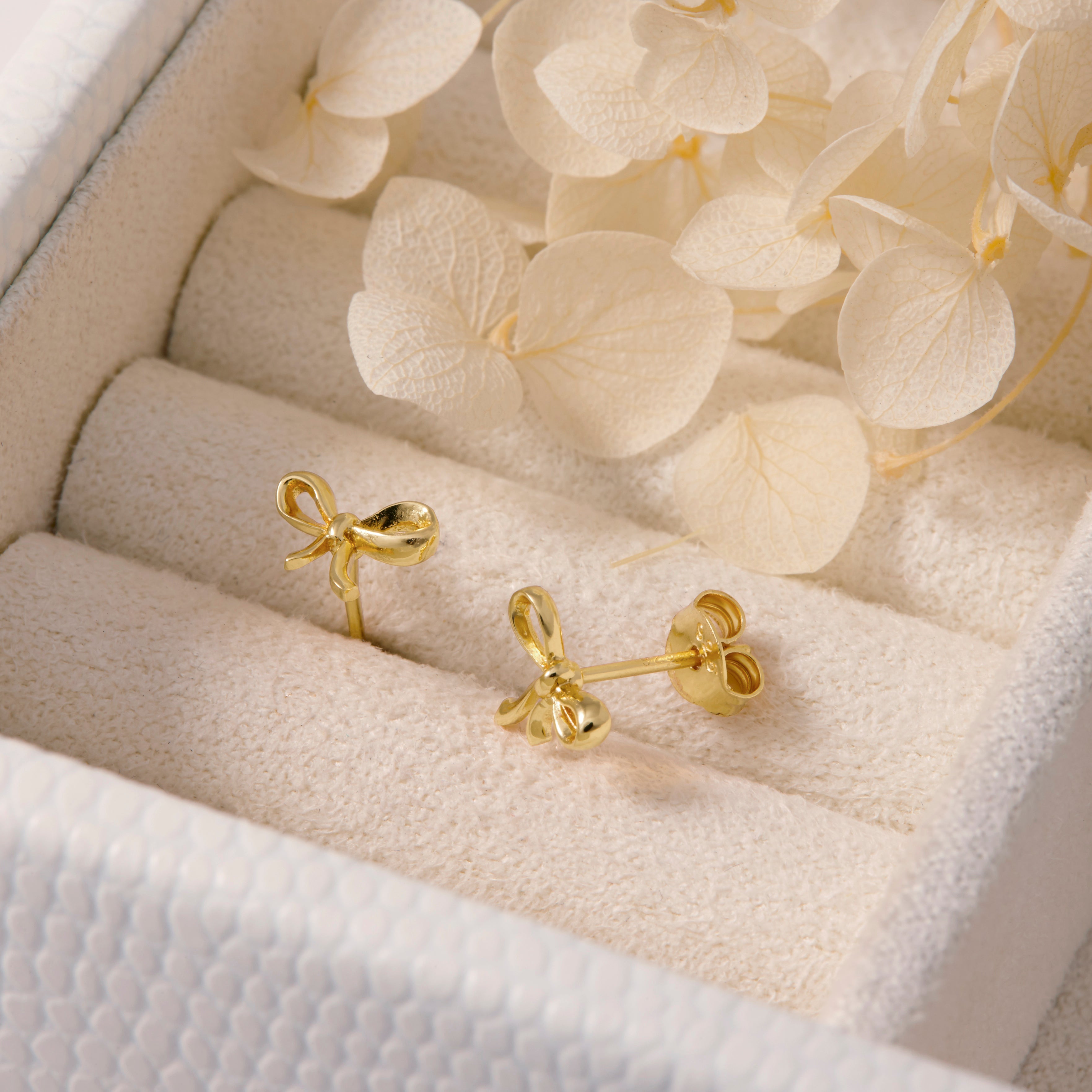 Bow Gold Stud Earrings for Women - 14K Gold Plated Small Hoop Earrings - Minimalist Dainty Jewelry for Everyday Wear, Gift Giving & Special Occasions