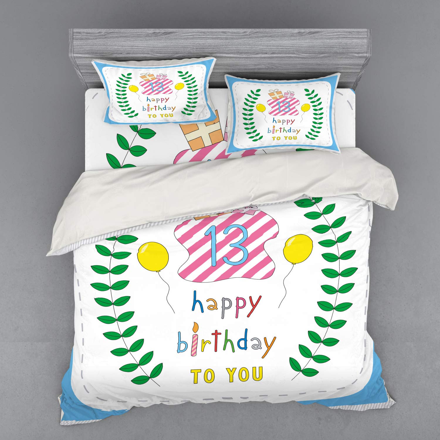 Ambesonne 13th Birthday Bedding Set - Pastel Hand-Drawn Leaves, Balloons & Gifts - 4-Piece Duvet Cover Set with Shams & Fitted Sheet - King Size Multicolor - Perfect for Teen Bedrooms & Birthday Decor