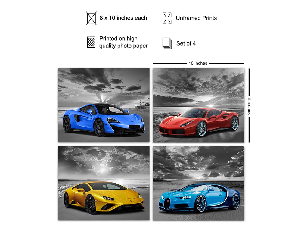 Lamborghini McLaren Ferrari Bugatti Sports Car Wall Art Posters - Boys Room Decor & Man Cave Wall Decor - Race Car Themed Garage & Bar Wall Art - Perfect for Coastal Beach Theme Bedrooms & Game Rooms